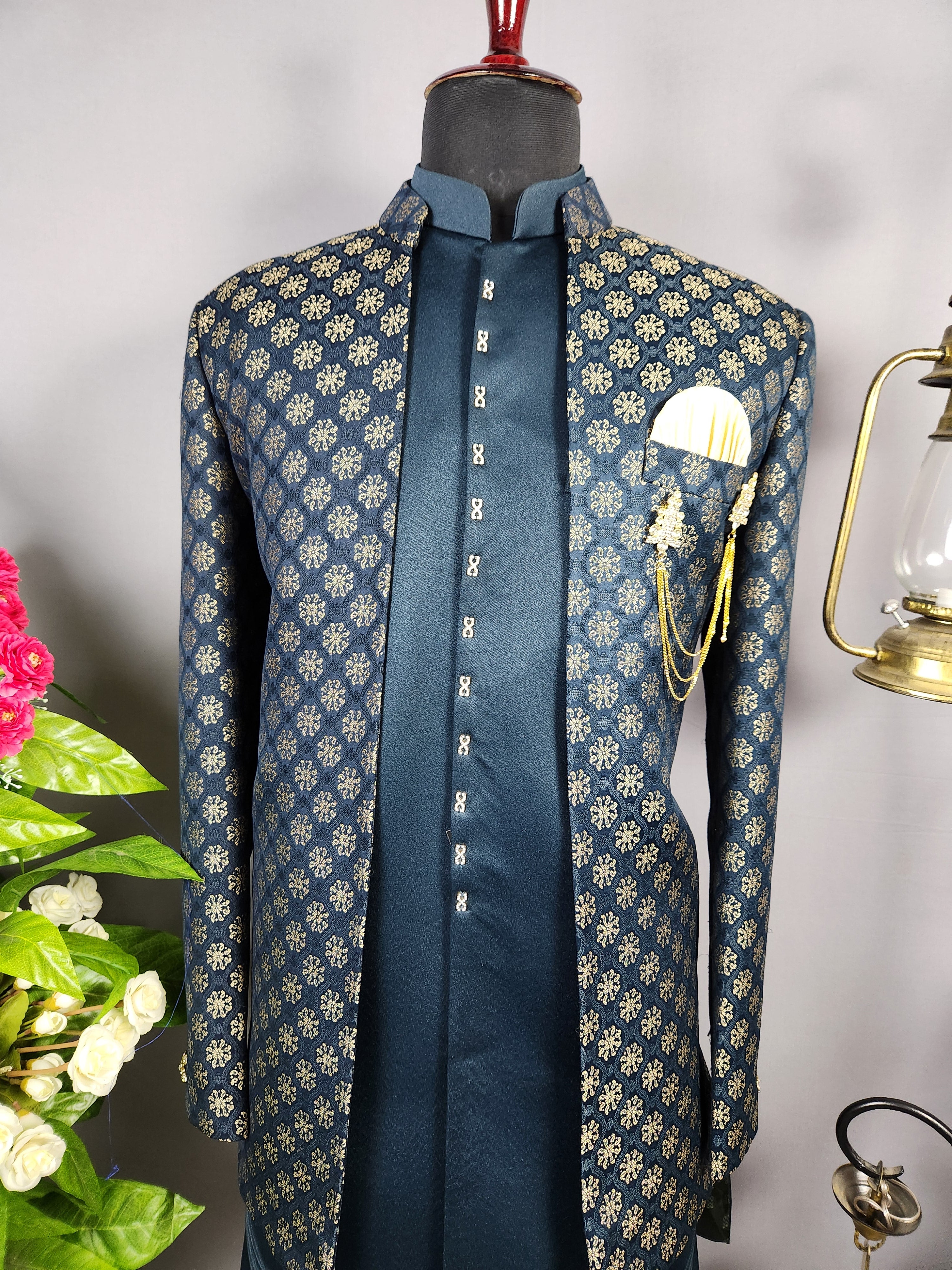 Blue Indo-Western Sherwani for Groom -  Indian Wedding Outfit for Men