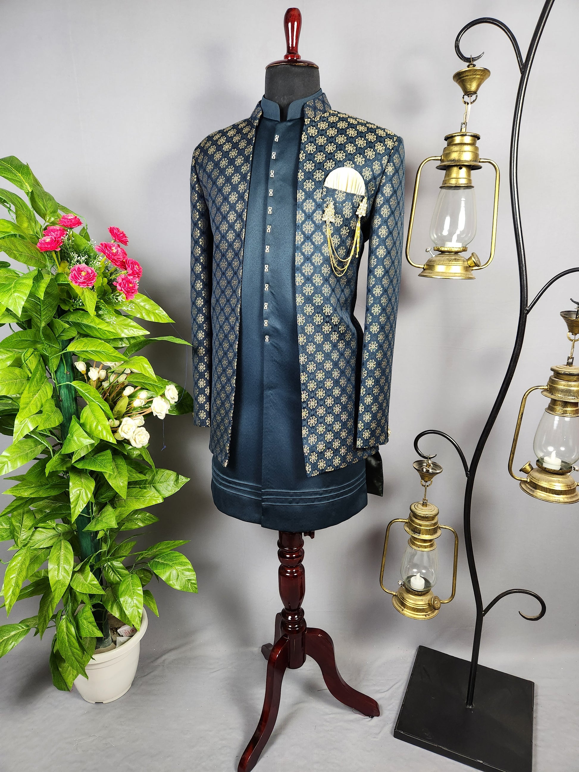 Blue Indo-Western Sherwani for Groom -  Indian Wedding Outfit for Men