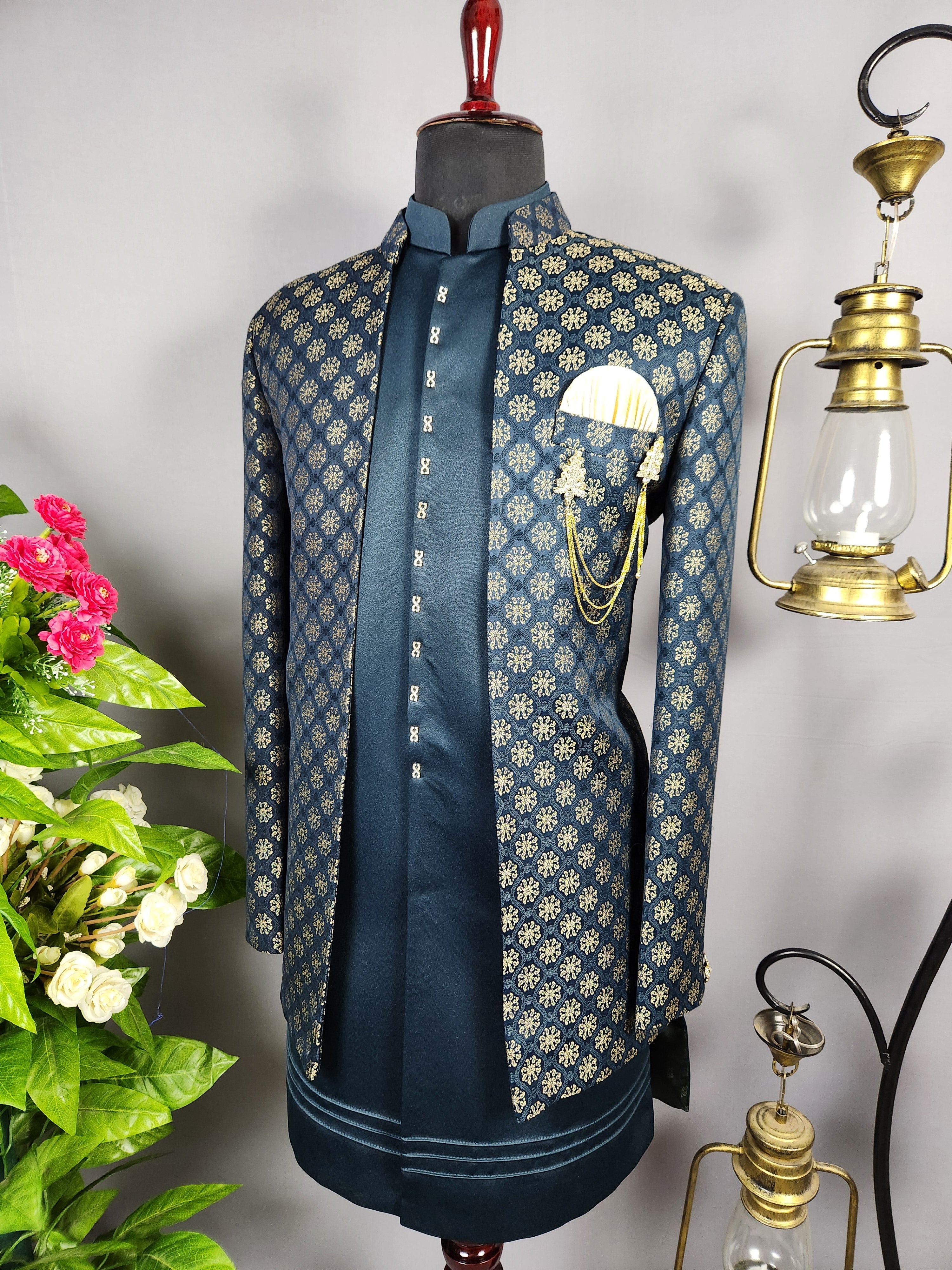 Blue Indo-Western Sherwani for Groom -  Indian Wedding Outfit for Men