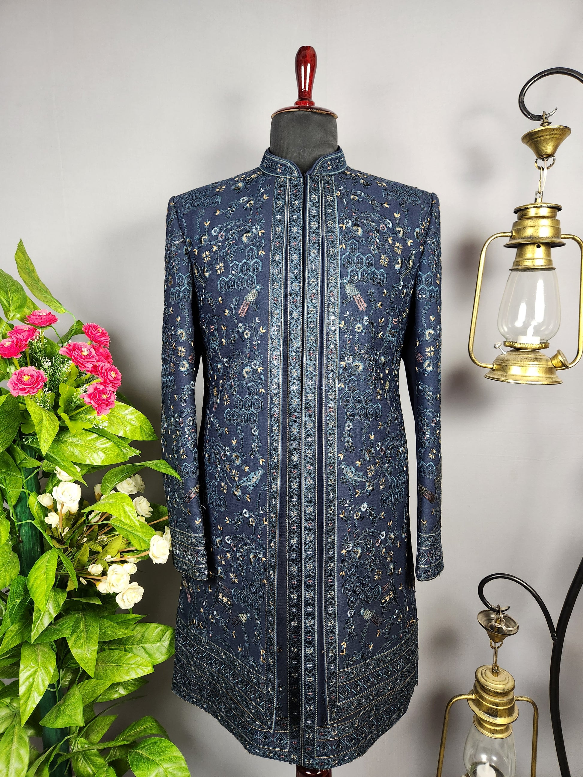 Blue Indo-Western Sherwani for Groom -  Indian Wedding Outfit for Men