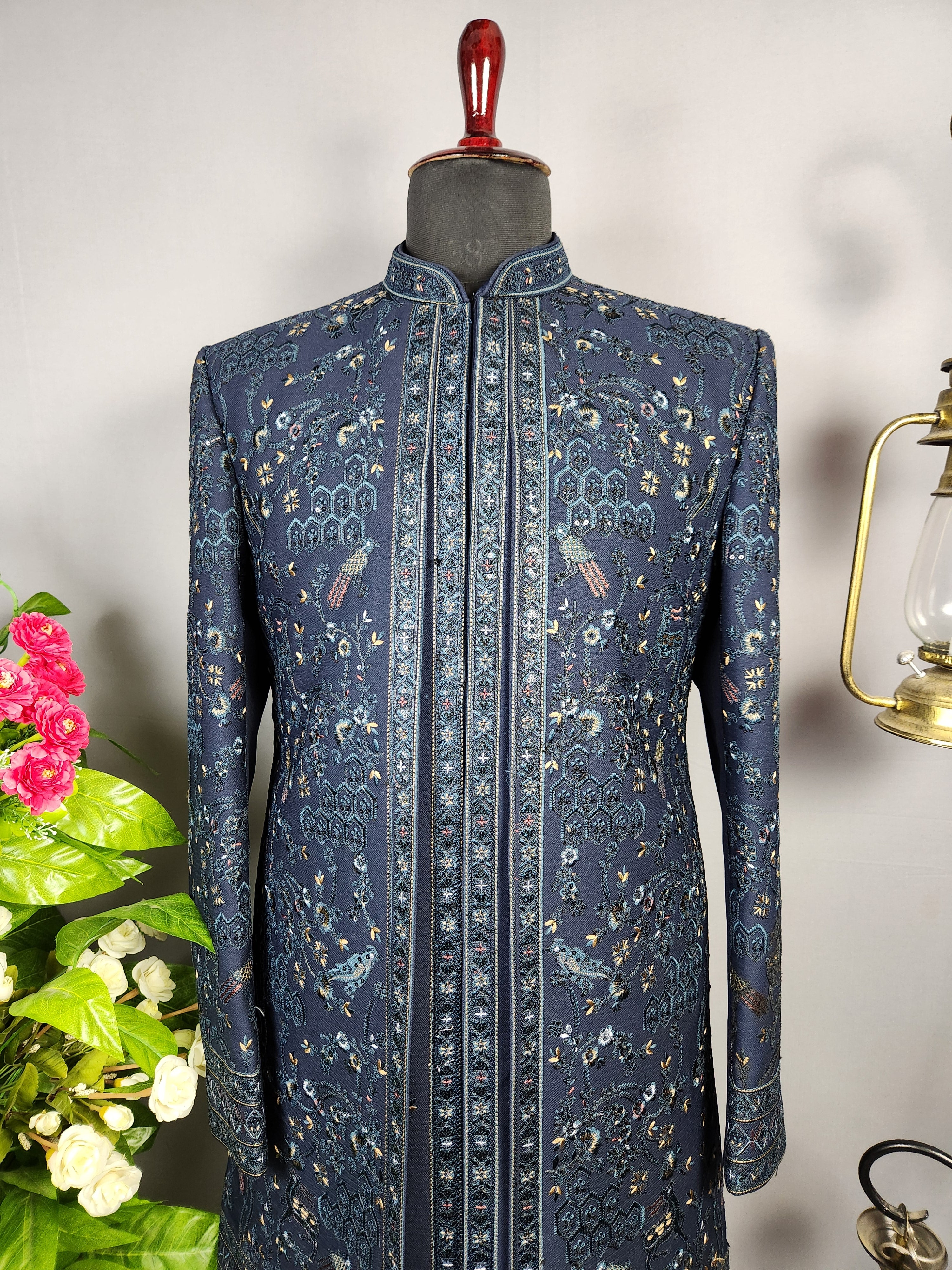 Blue Indo-Western Sherwani for Groom -  Indian Wedding Outfit for Men