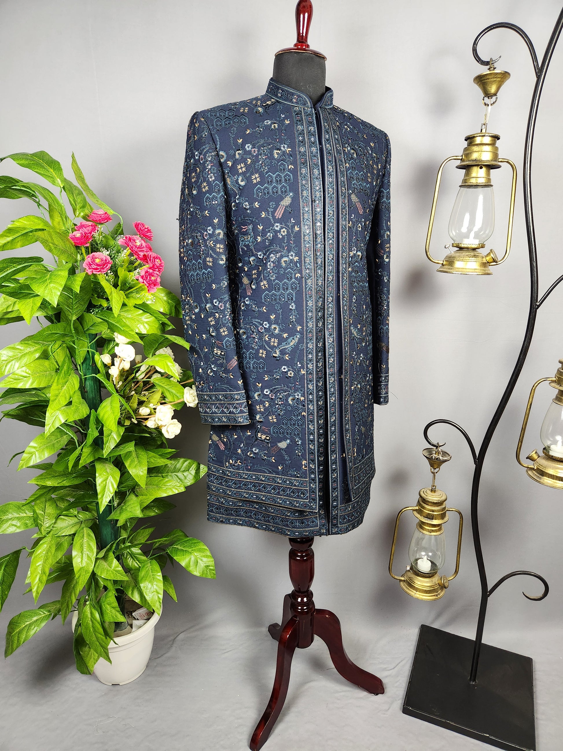 Blue Indo-Western Sherwani for Groom -  Indian Wedding Outfit for Men