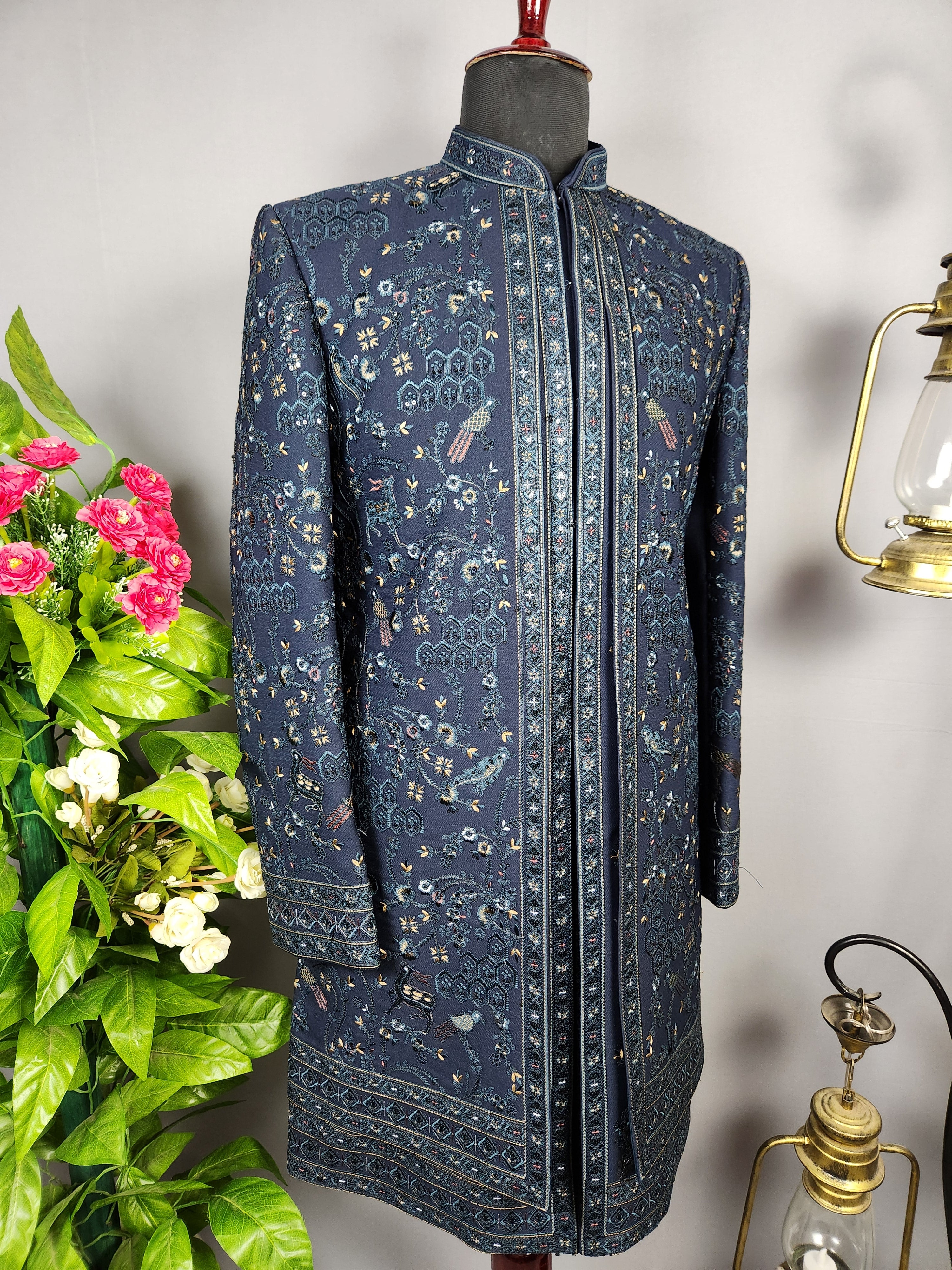 Blue Indo-Western Sherwani for Groom -  Indian Wedding Outfit for Men