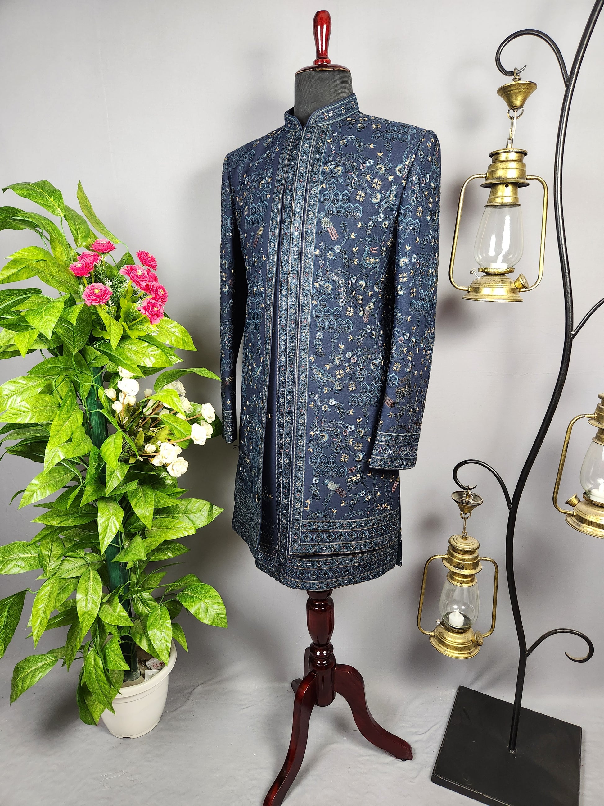 Blue Indo-Western Sherwani for Groom -  Indian Wedding Outfit for Men