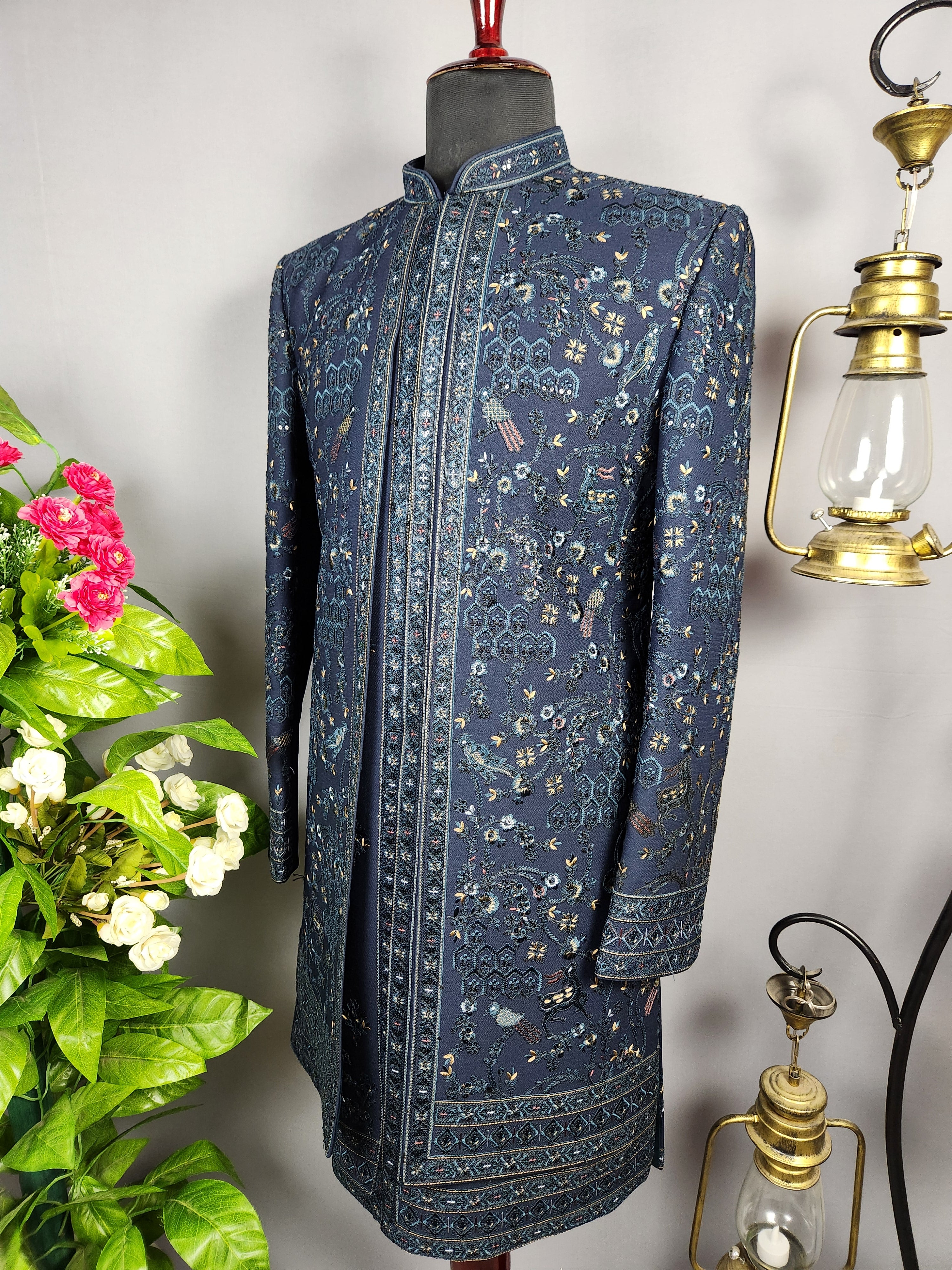 Blue Indo-Western Sherwani for Groom -  Indian Wedding Outfit for Men