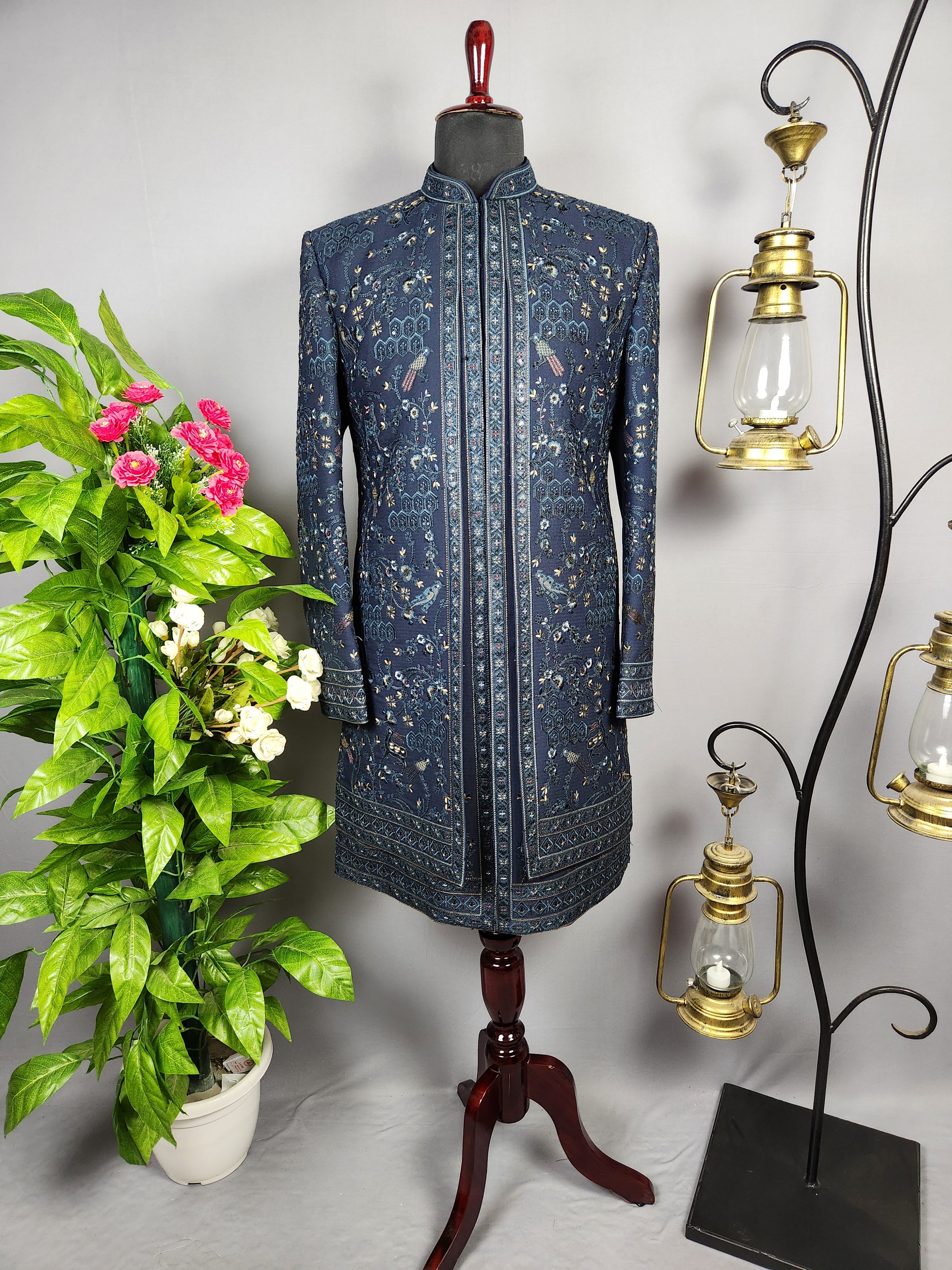 Blue Indo-Western Sherwani for Groom -  Indian Wedding Outfit for Men