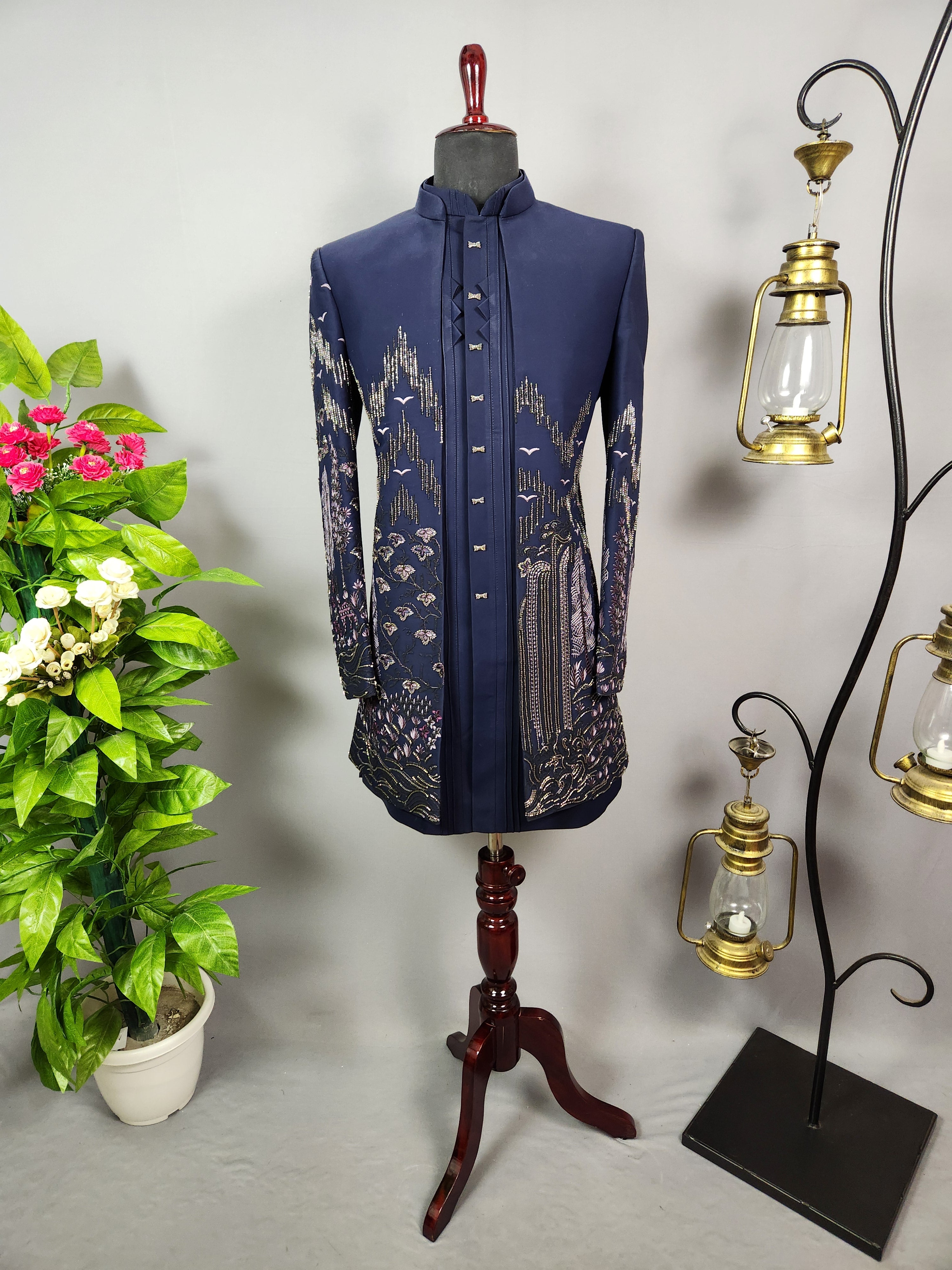 Blue Indo-Western Sherwani for Men | Indian Groom Wedding Outfit