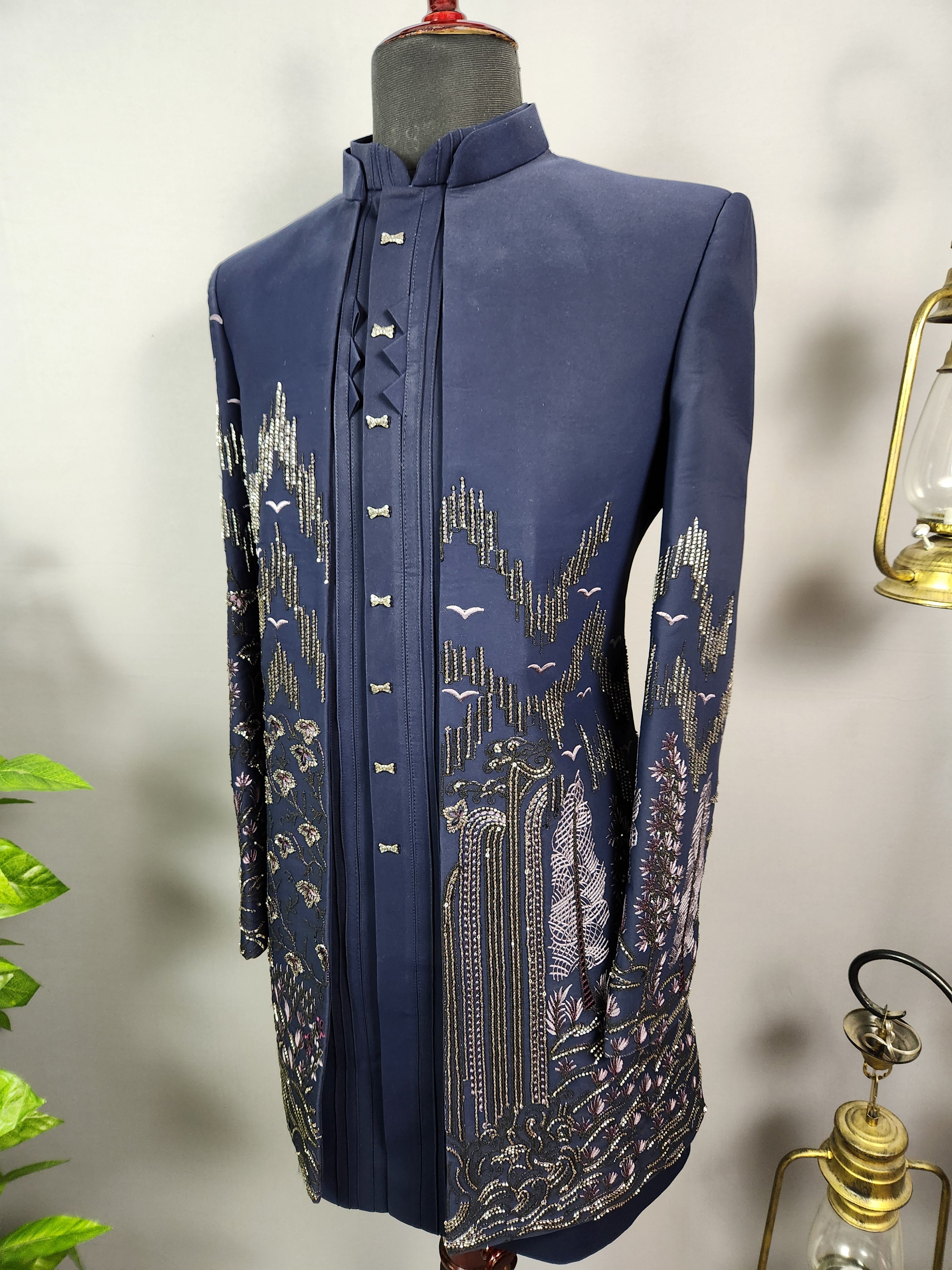 Blue Indo-Western Sherwani for Men | Indian Groom Wedding Outfit