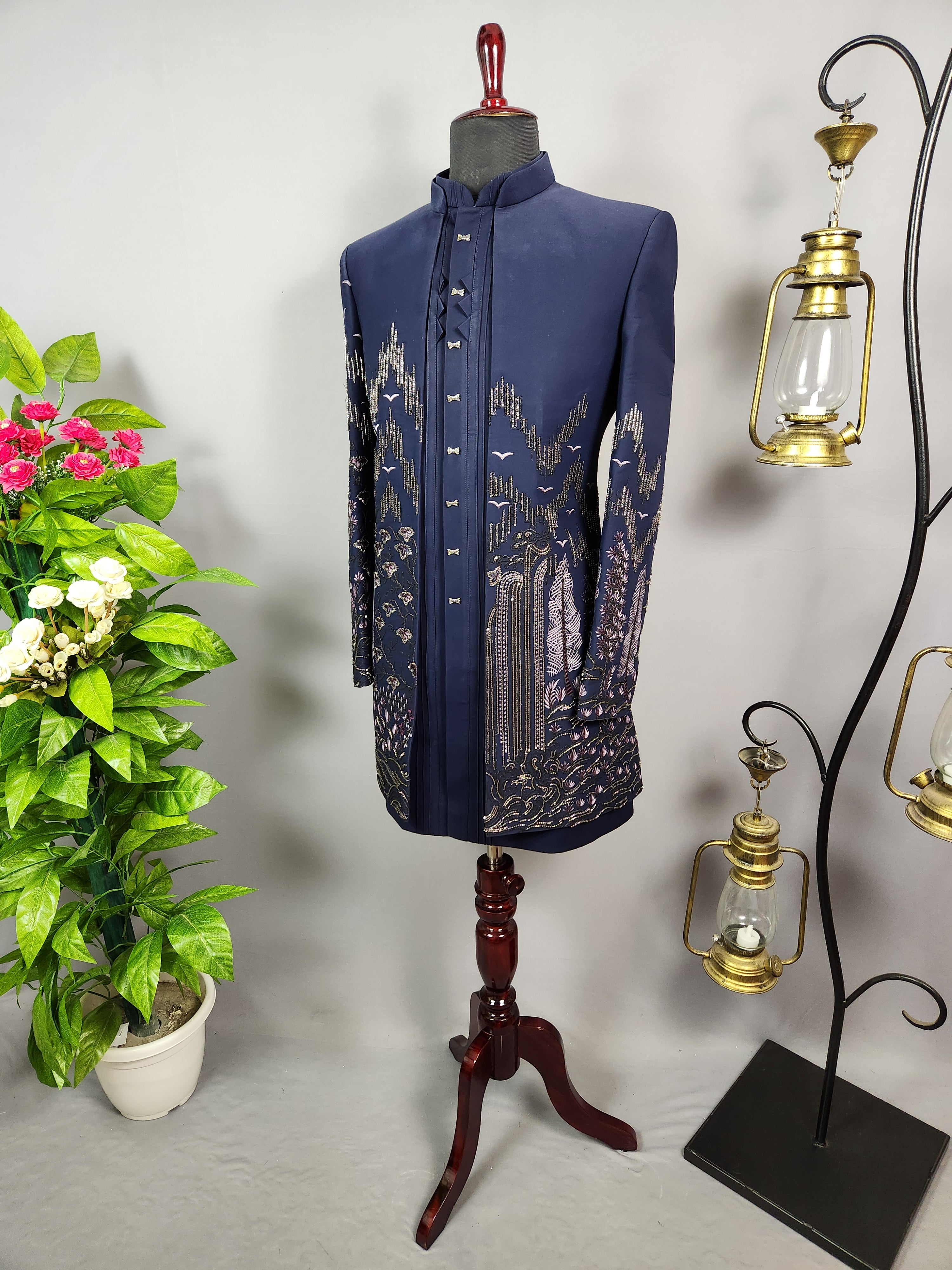 Blue Indo-Western Sherwani for Men | Indian Groom Wedding Outfit