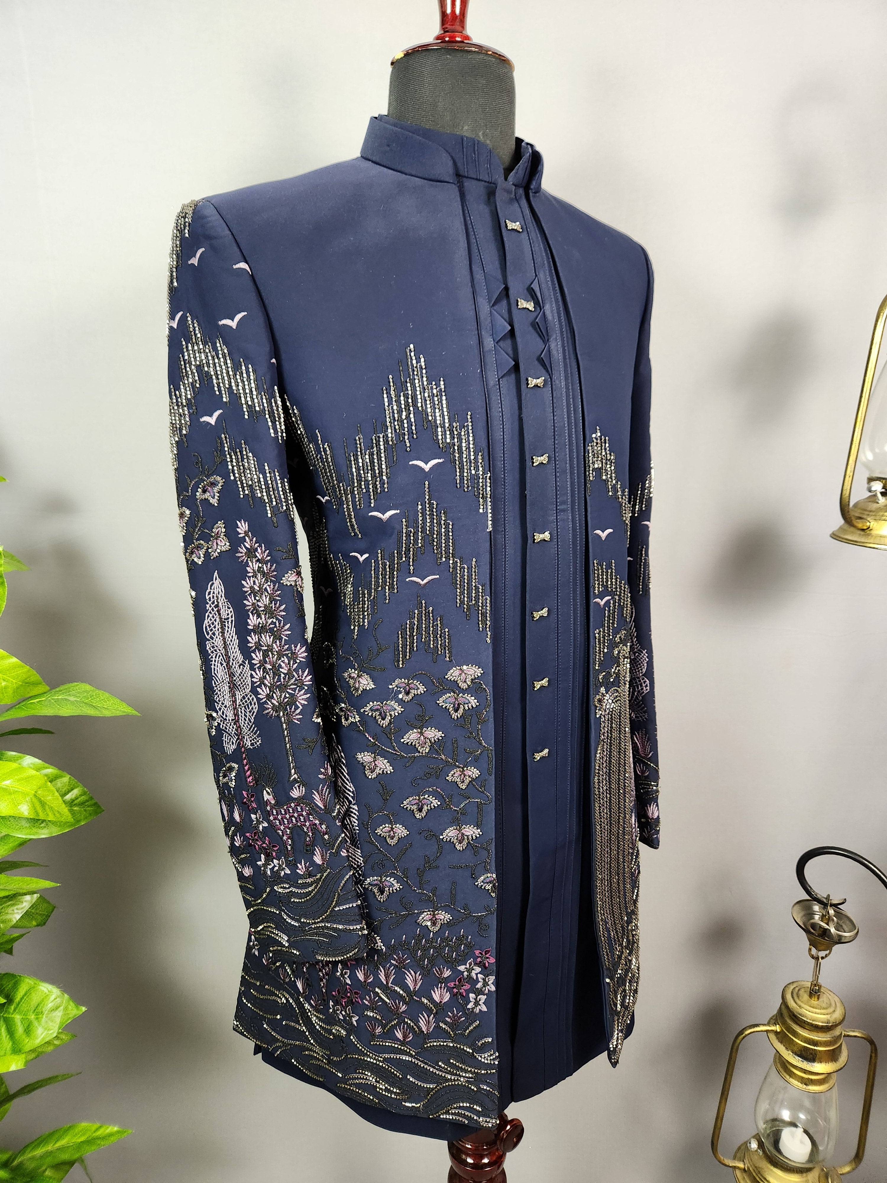 Blue Indo-Western Sherwani for Men | Indian Groom Wedding Outfit