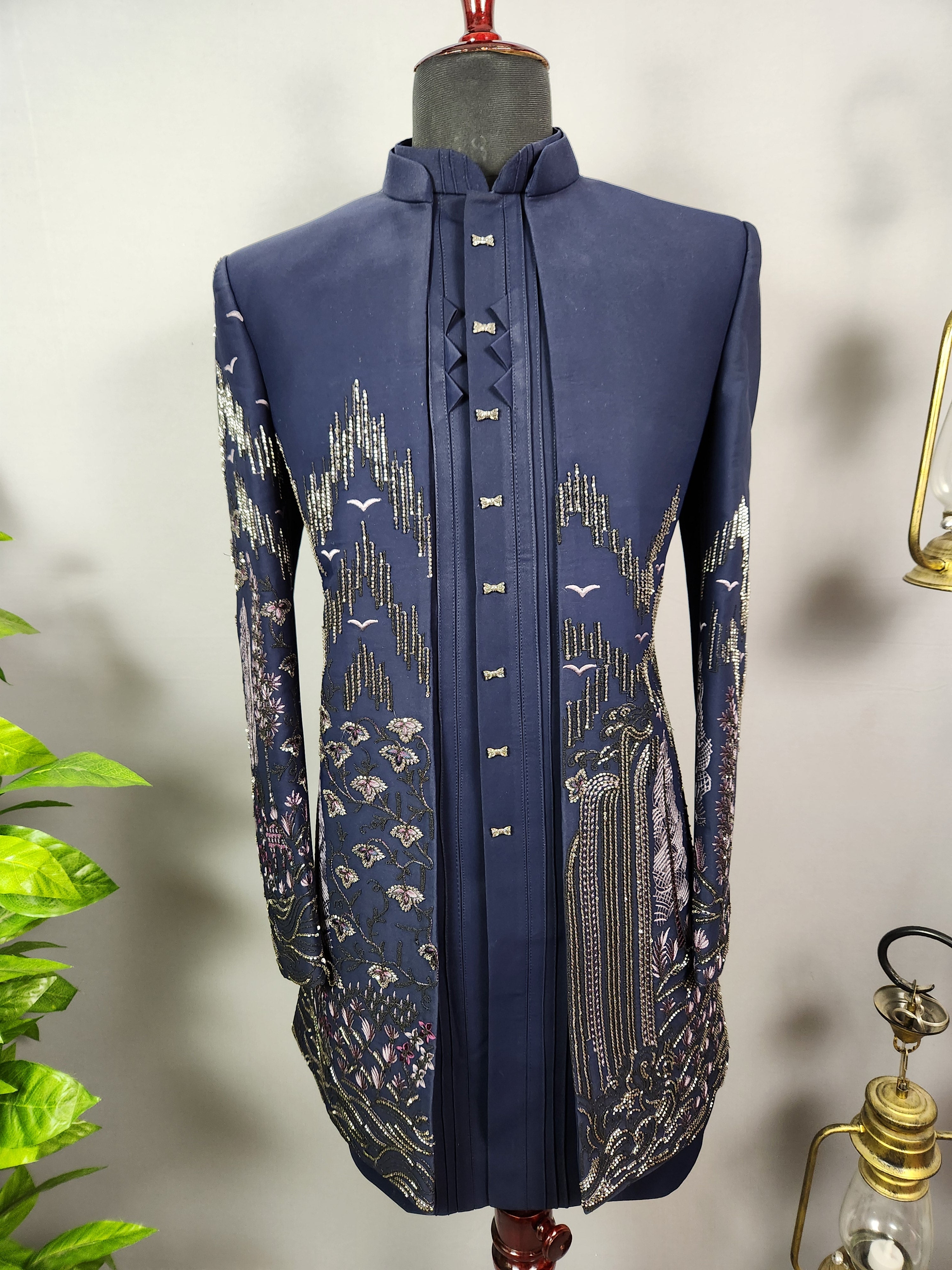 Blue Indo-Western Sherwani for Men | Indian Groom Wedding Outfit