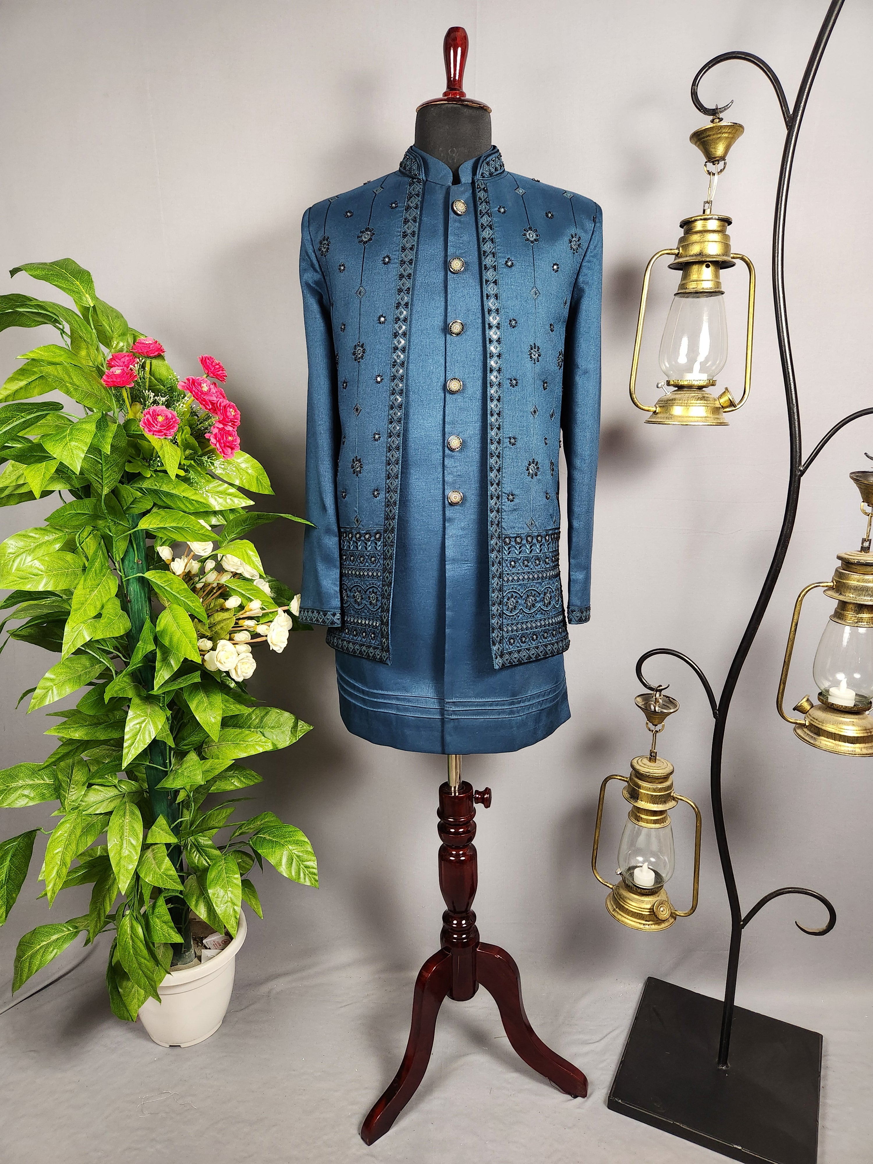 Blue Indo-Western Sherwani for Groom -  Indian Wedding Outfit for Men