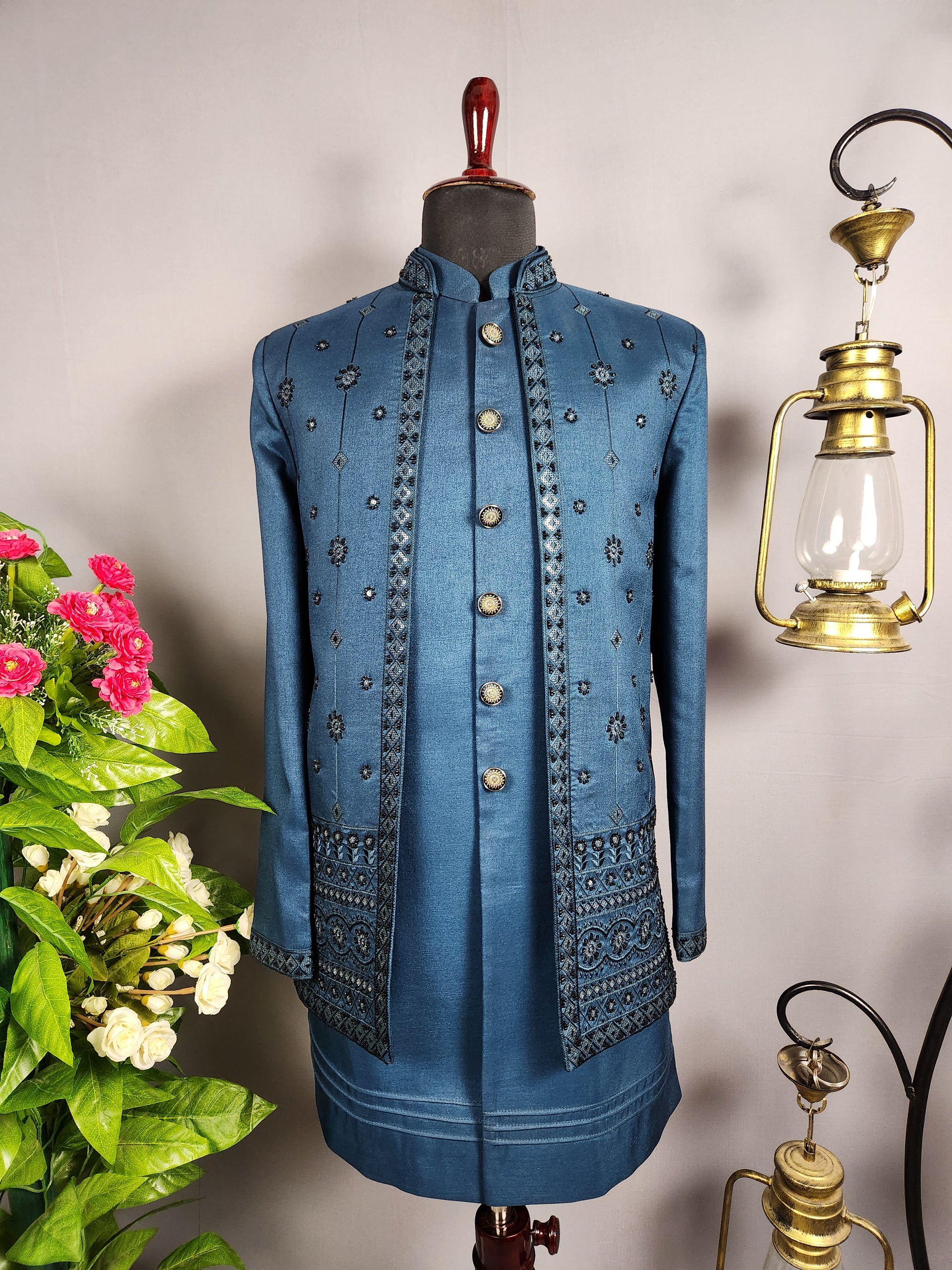 Blue Indo-Western Sherwani for Groom -  Indian Wedding Outfit for Men