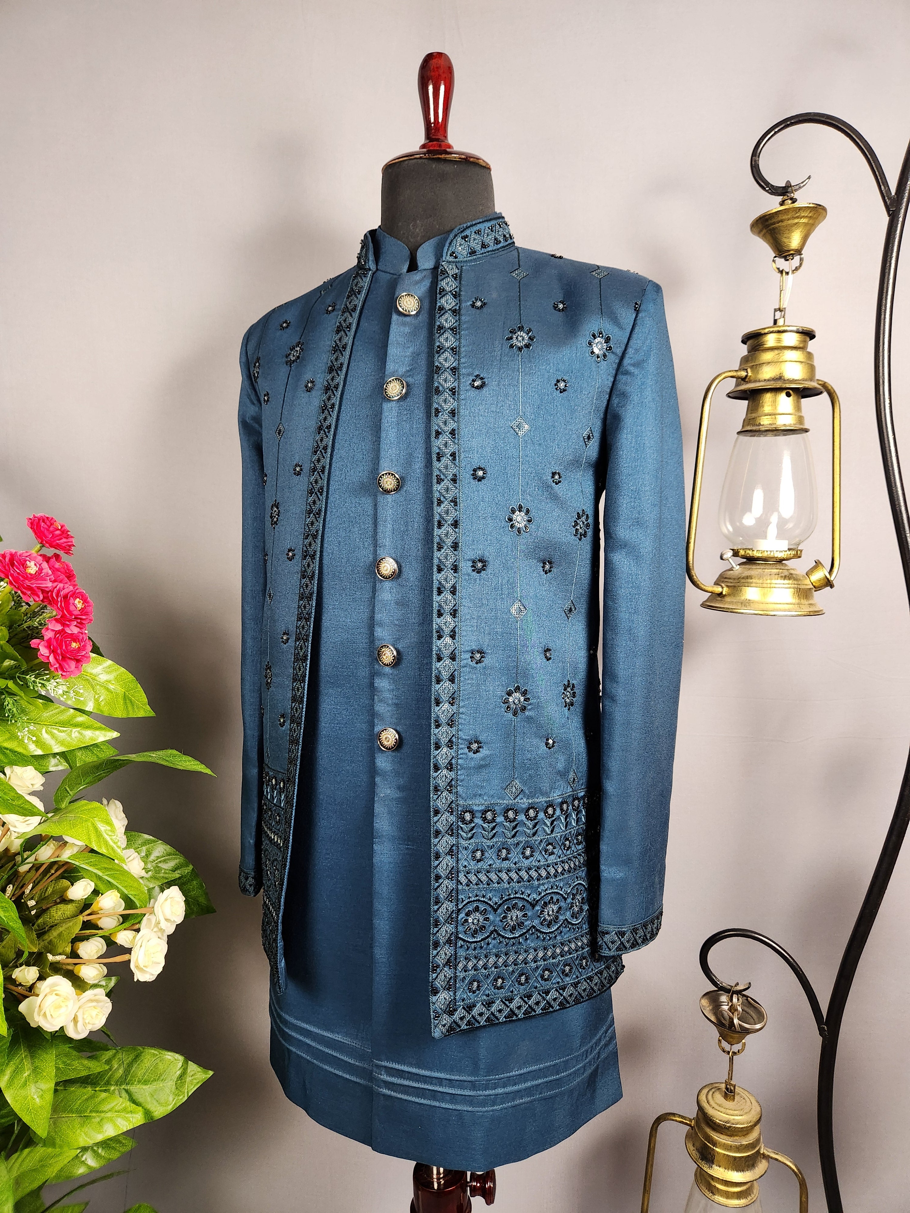 Blue Indo-Western Sherwani for Groom -  Indian Wedding Outfit for Men