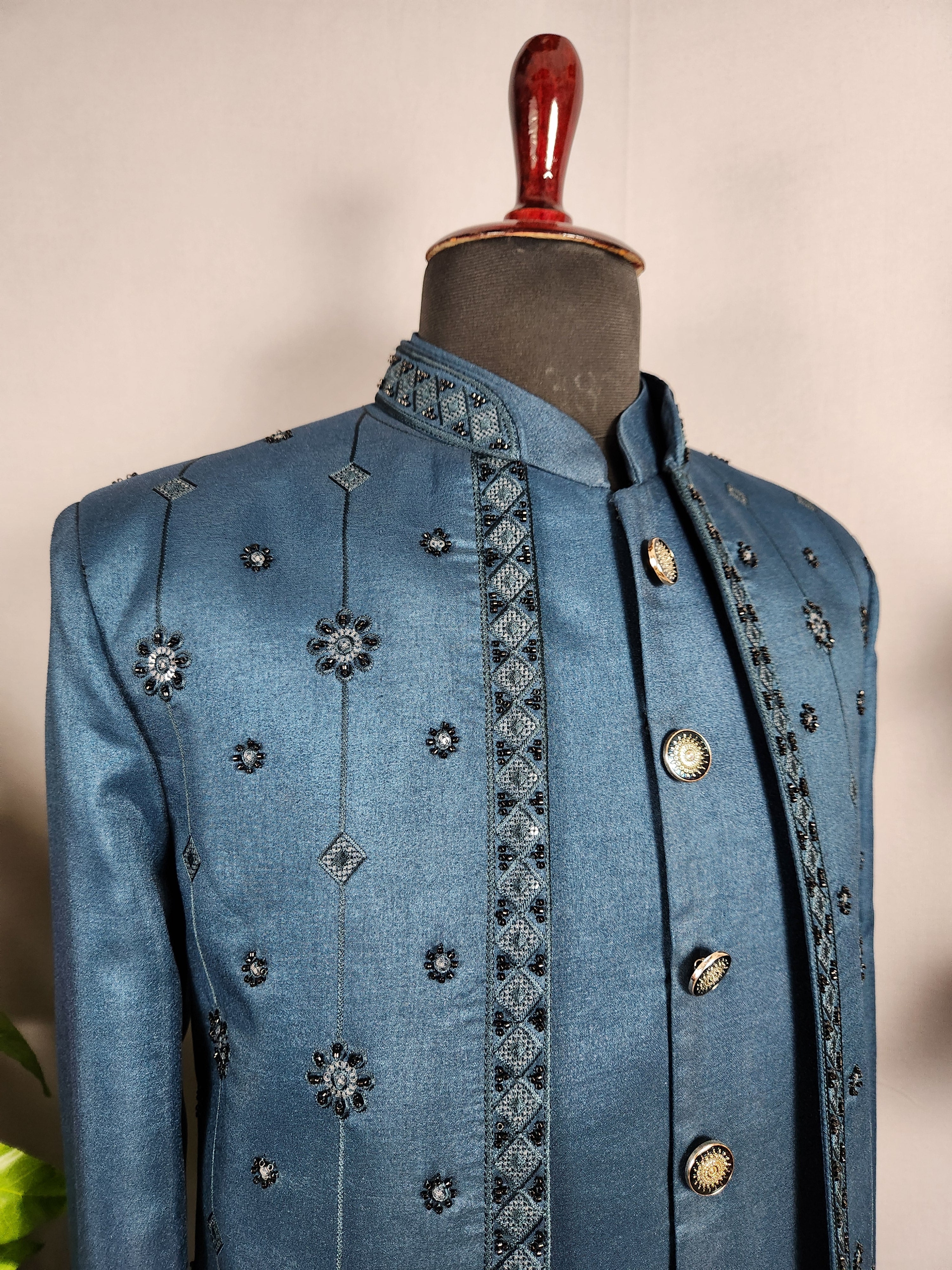 Blue Indo-Western Sherwani for Groom -  Indian Wedding Outfit for Men