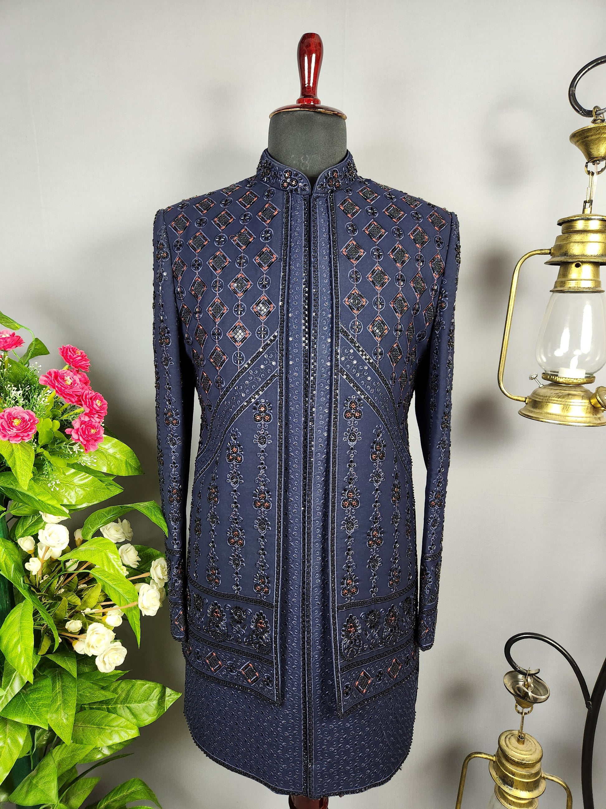 Blue Indo-Western Sherwani for Groom -  Indian Wedding Outfit for Men