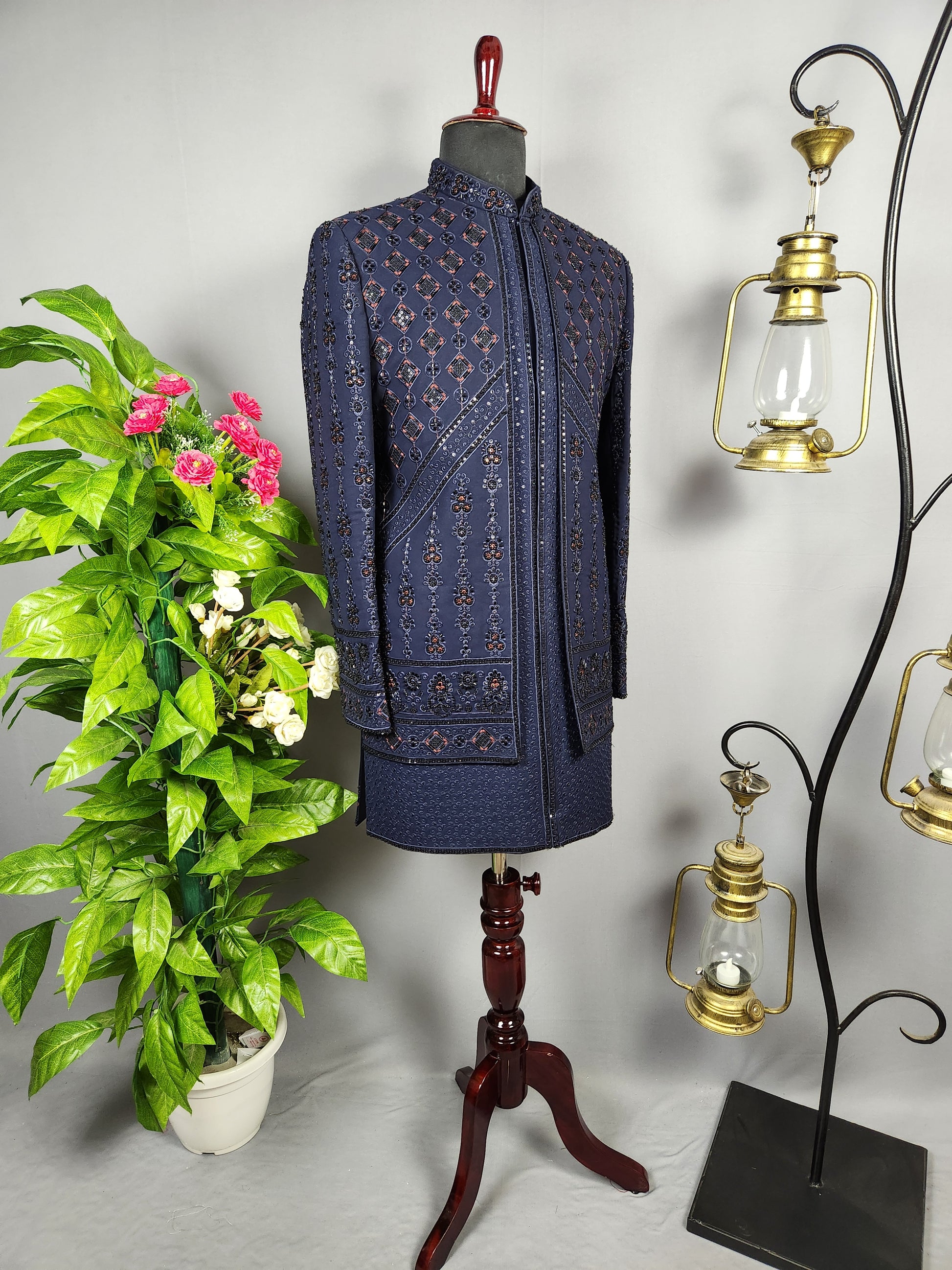 Blue Indo-Western Sherwani for Groom -  Indian Wedding Outfit for Men