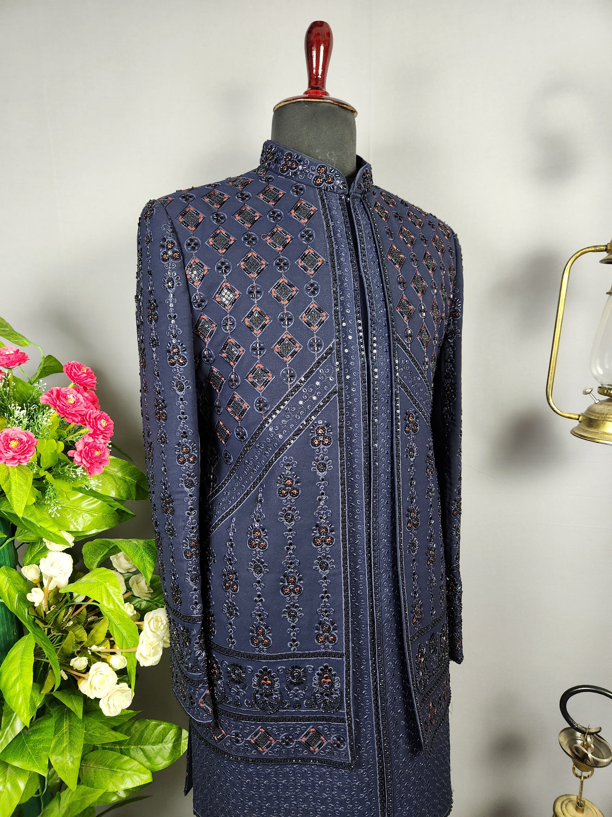 Blue Indo-Western Sherwani for Groom -  Indian Wedding Outfit for Men