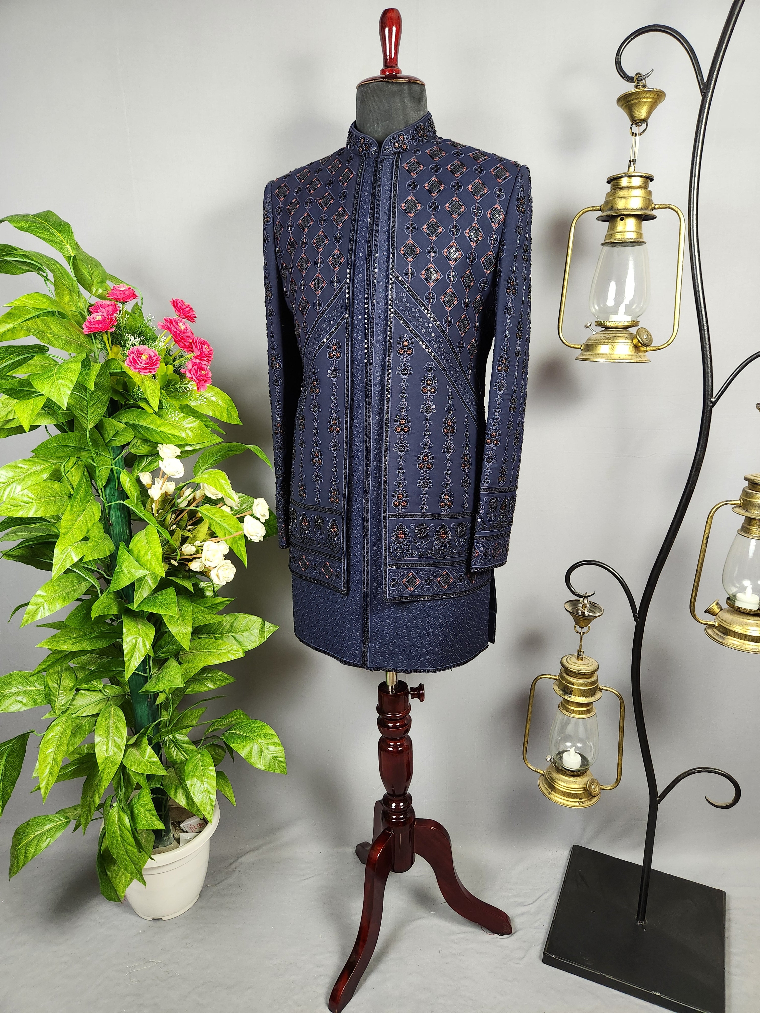 Blue Indo-Western Sherwani for Groom -  Indian Wedding Outfit for Men