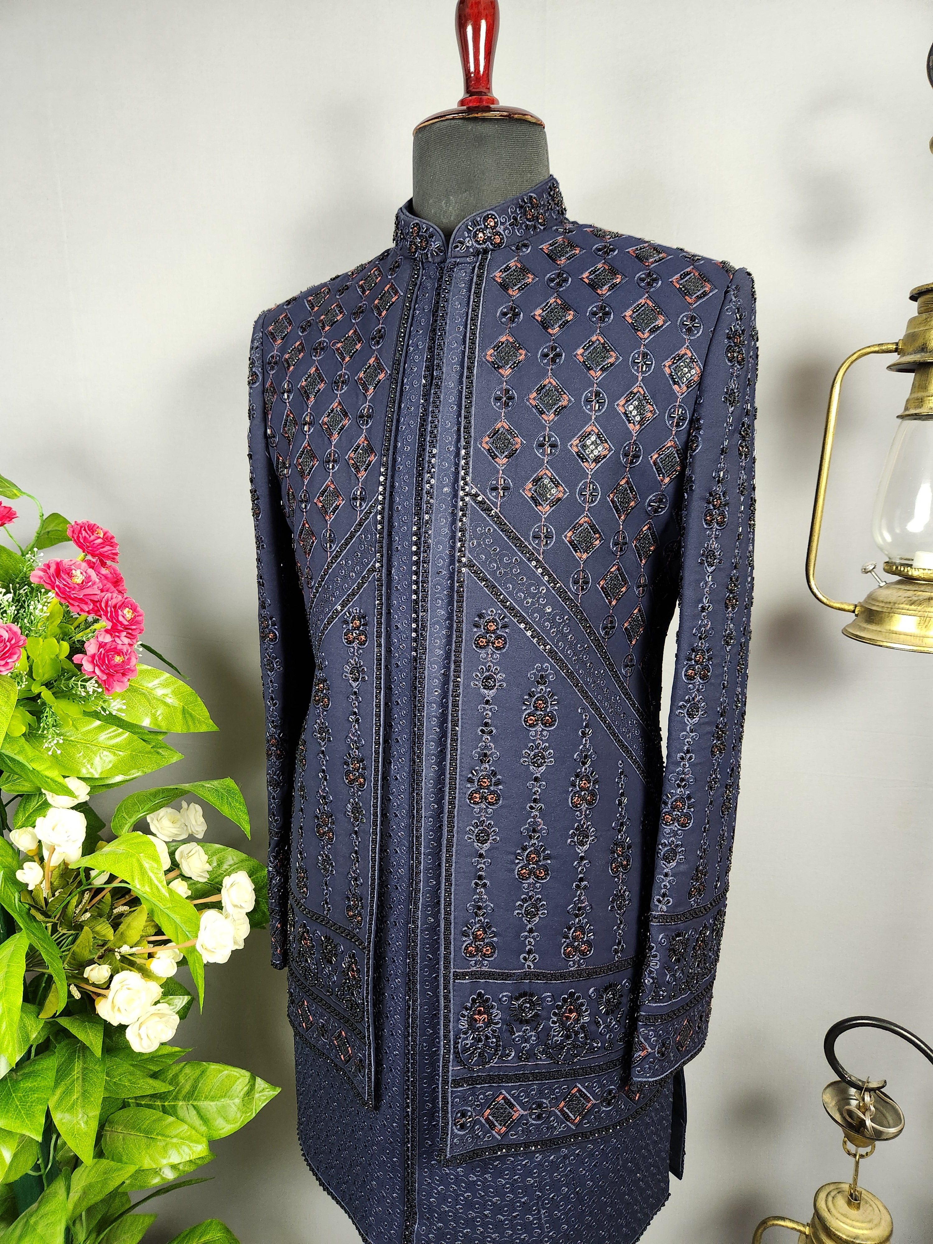 Blue Indo-Western Sherwani for Groom -  Indian Wedding Outfit for Men
