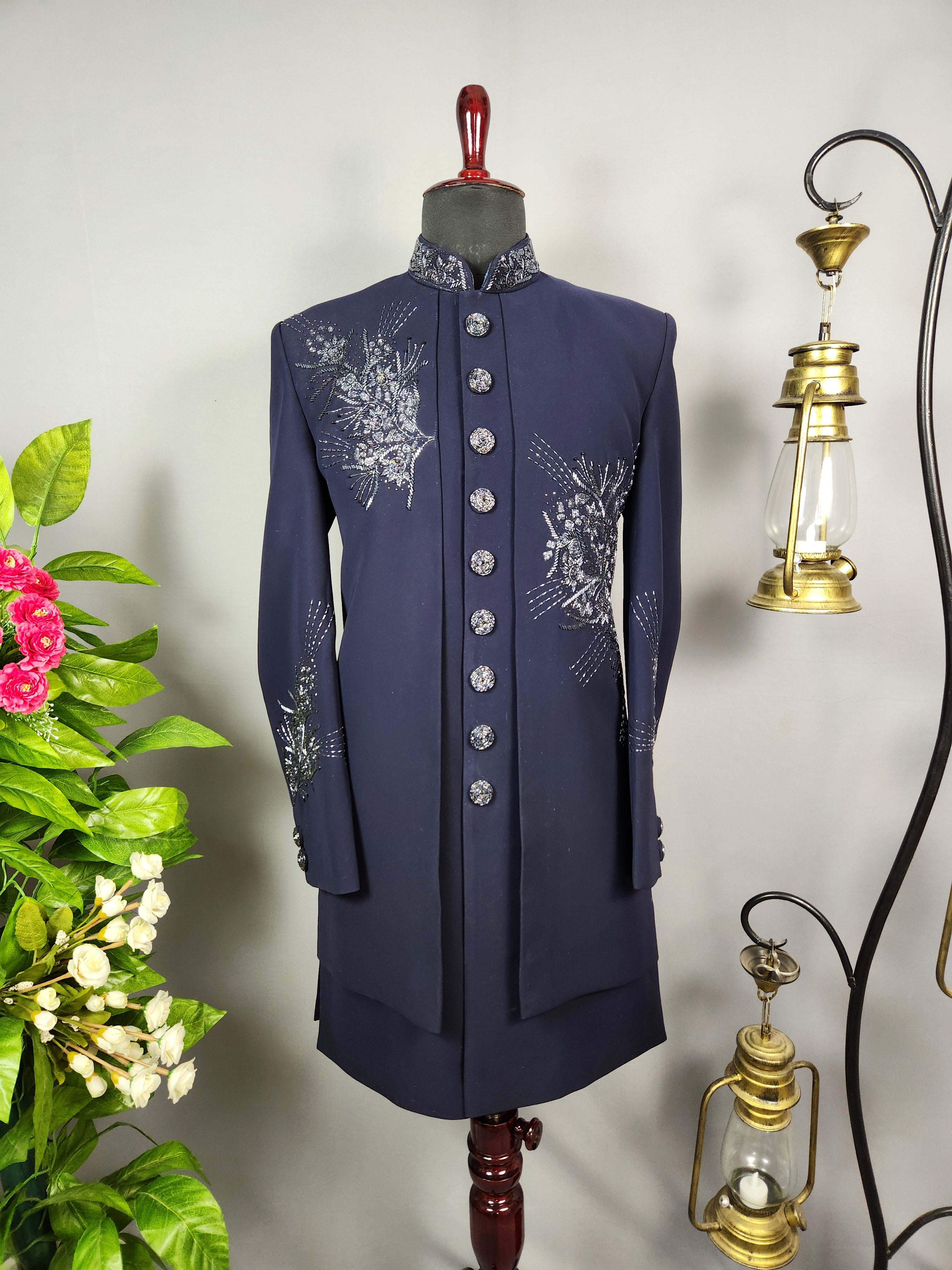 Blue Indo-Western Sherwani for Groom -  Indian Wedding Outfit for Men