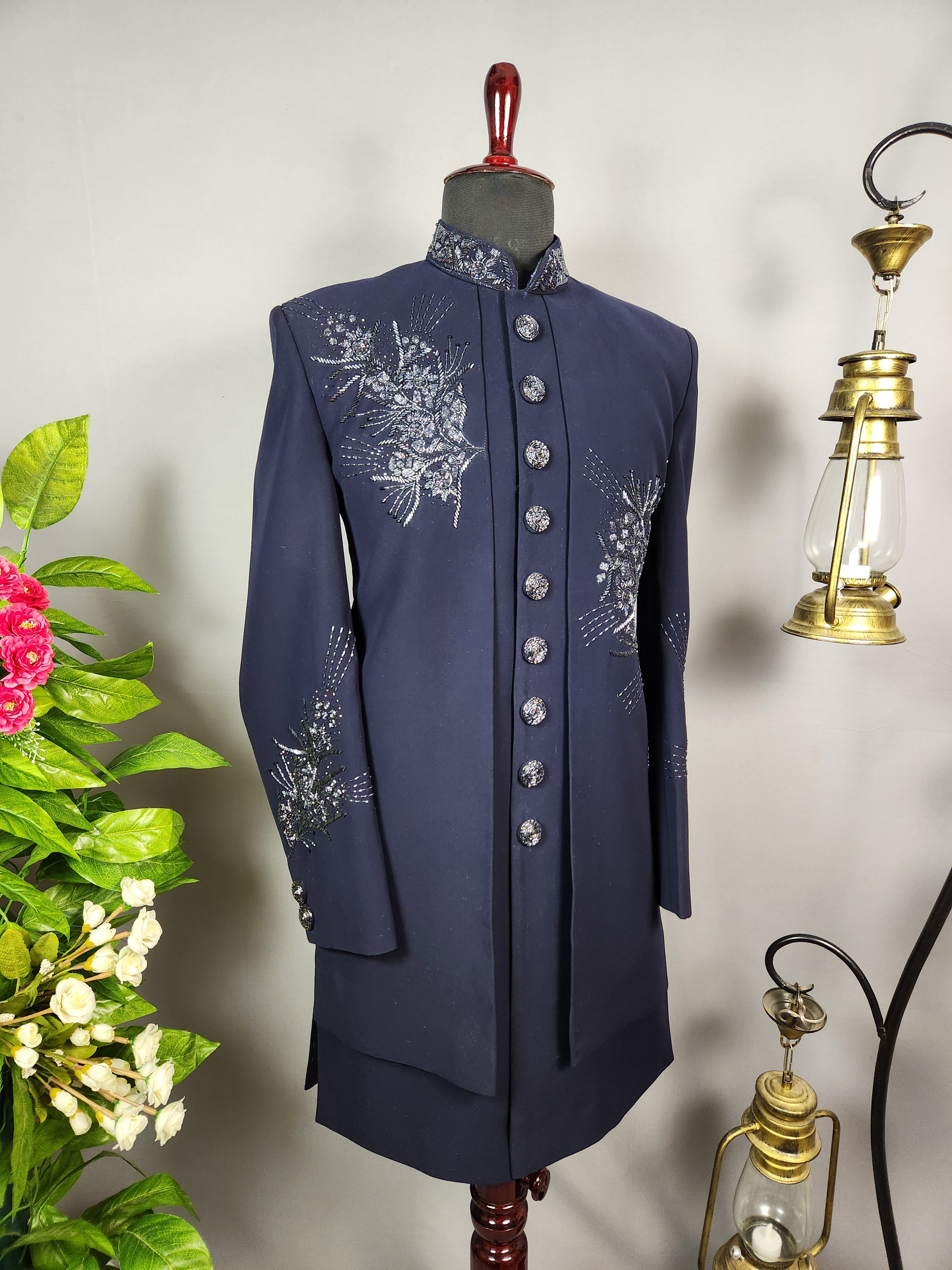 Blue Indo-Western Sherwani for Groom -  Indian Wedding Outfit for Men