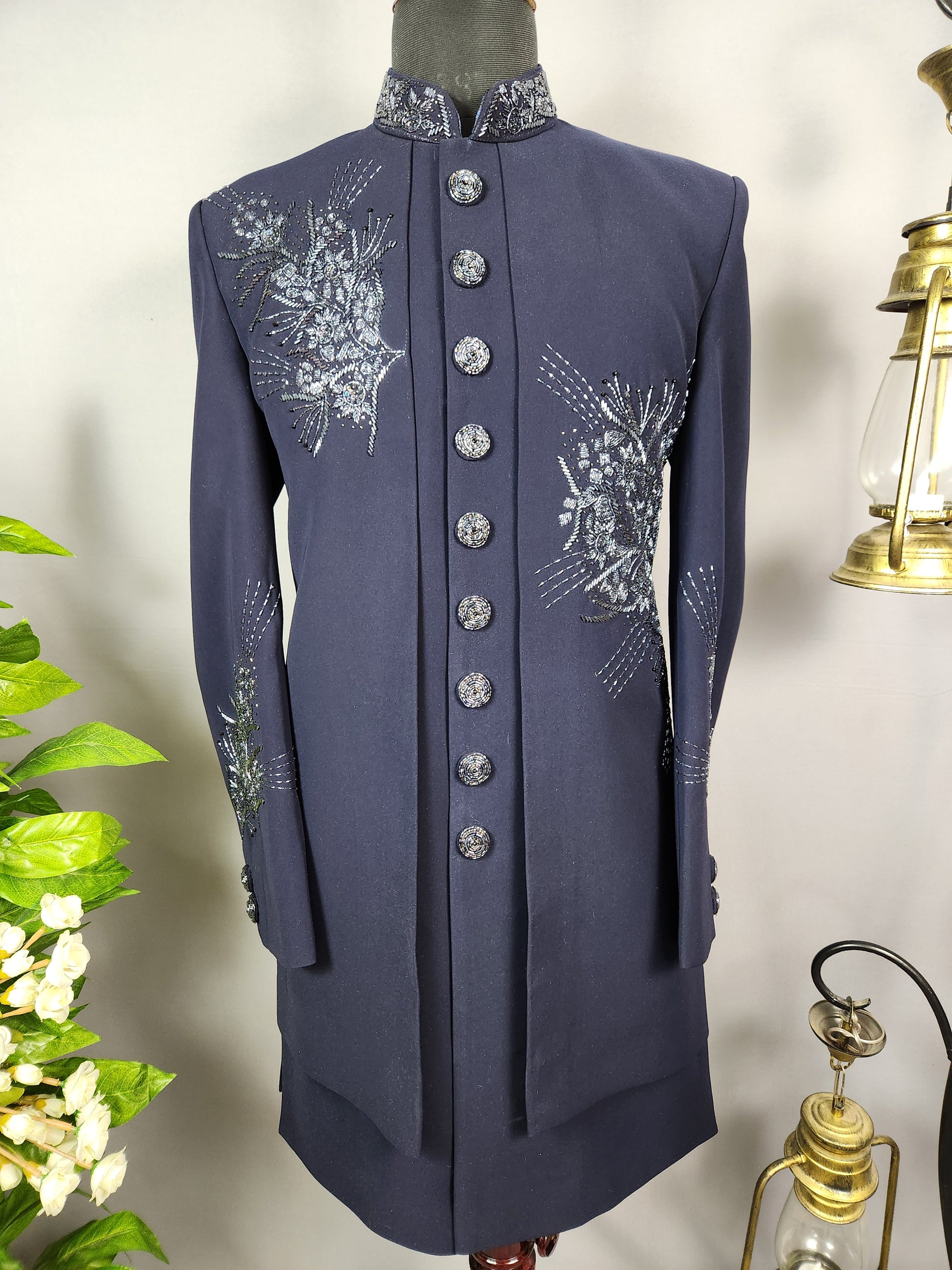Blue Indo-Western Sherwani for Groom -  Indian Wedding Outfit for Men