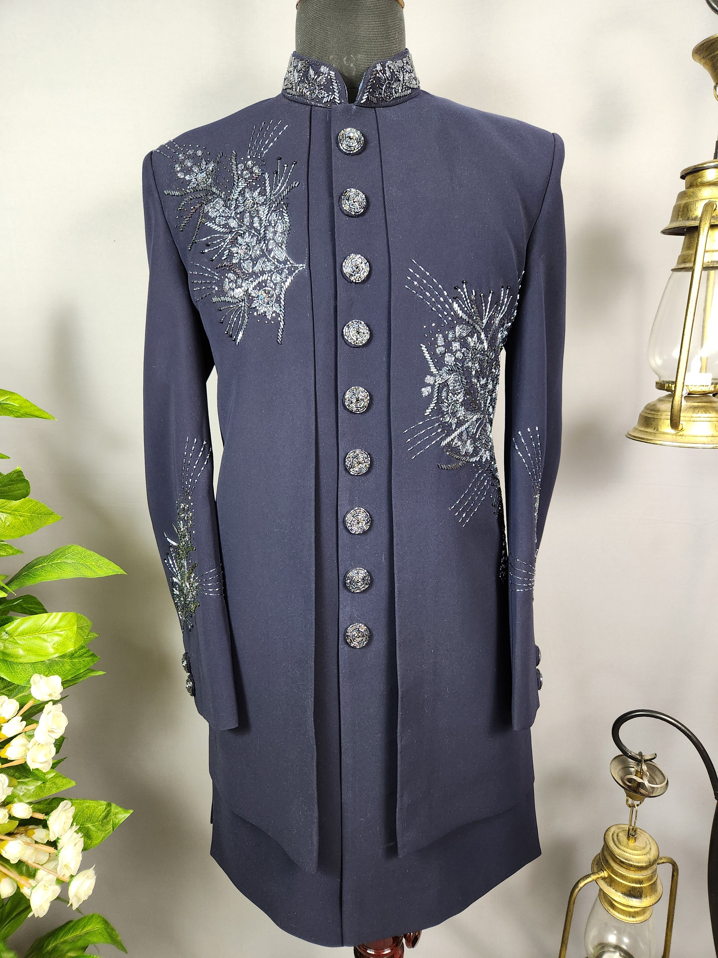 Blue Indo-Western Sherwani for Groom -  Indian Wedding Outfit for Men