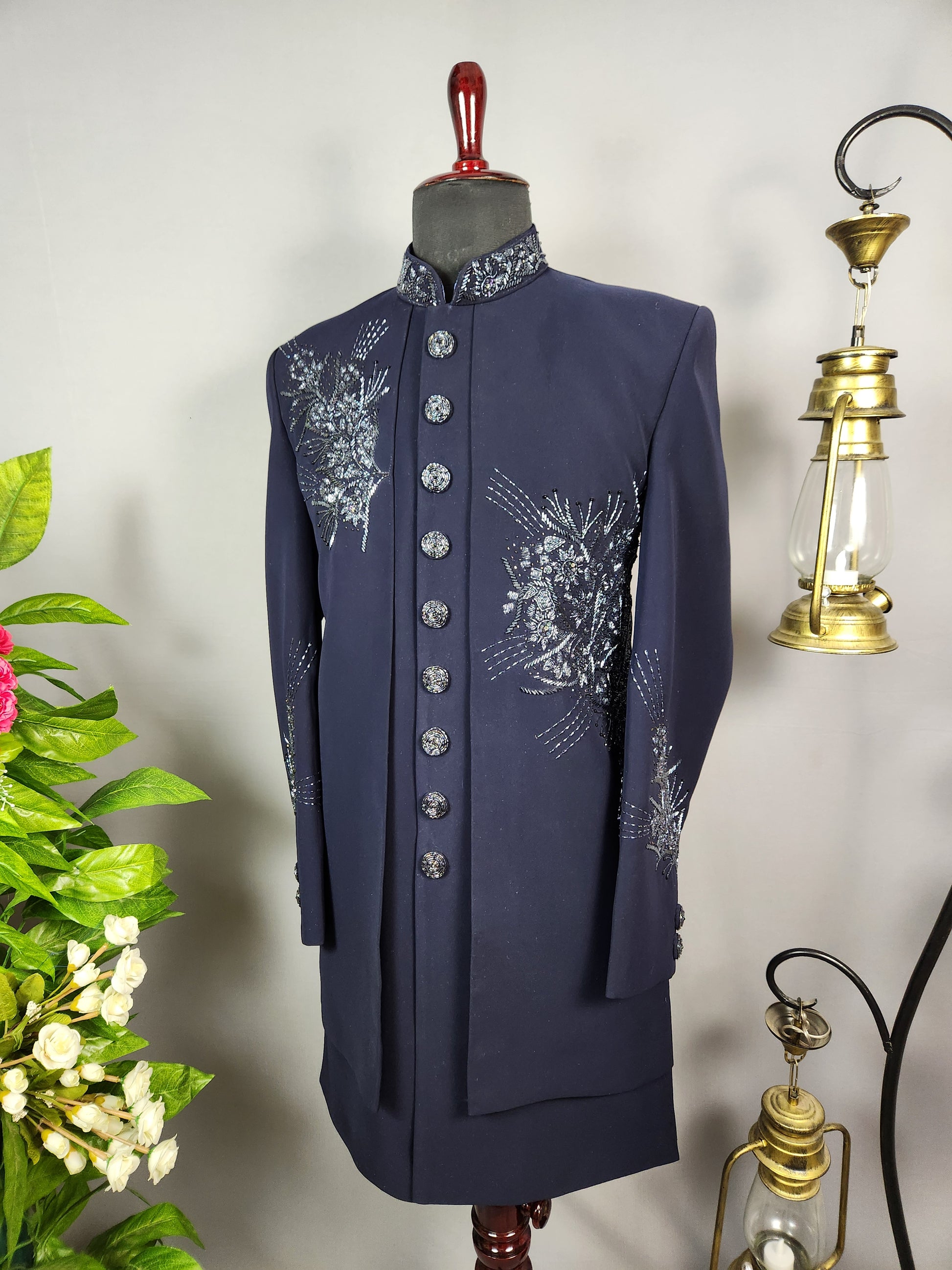 Blue Indo-Western Sherwani for Groom -  Indian Wedding Outfit for Men