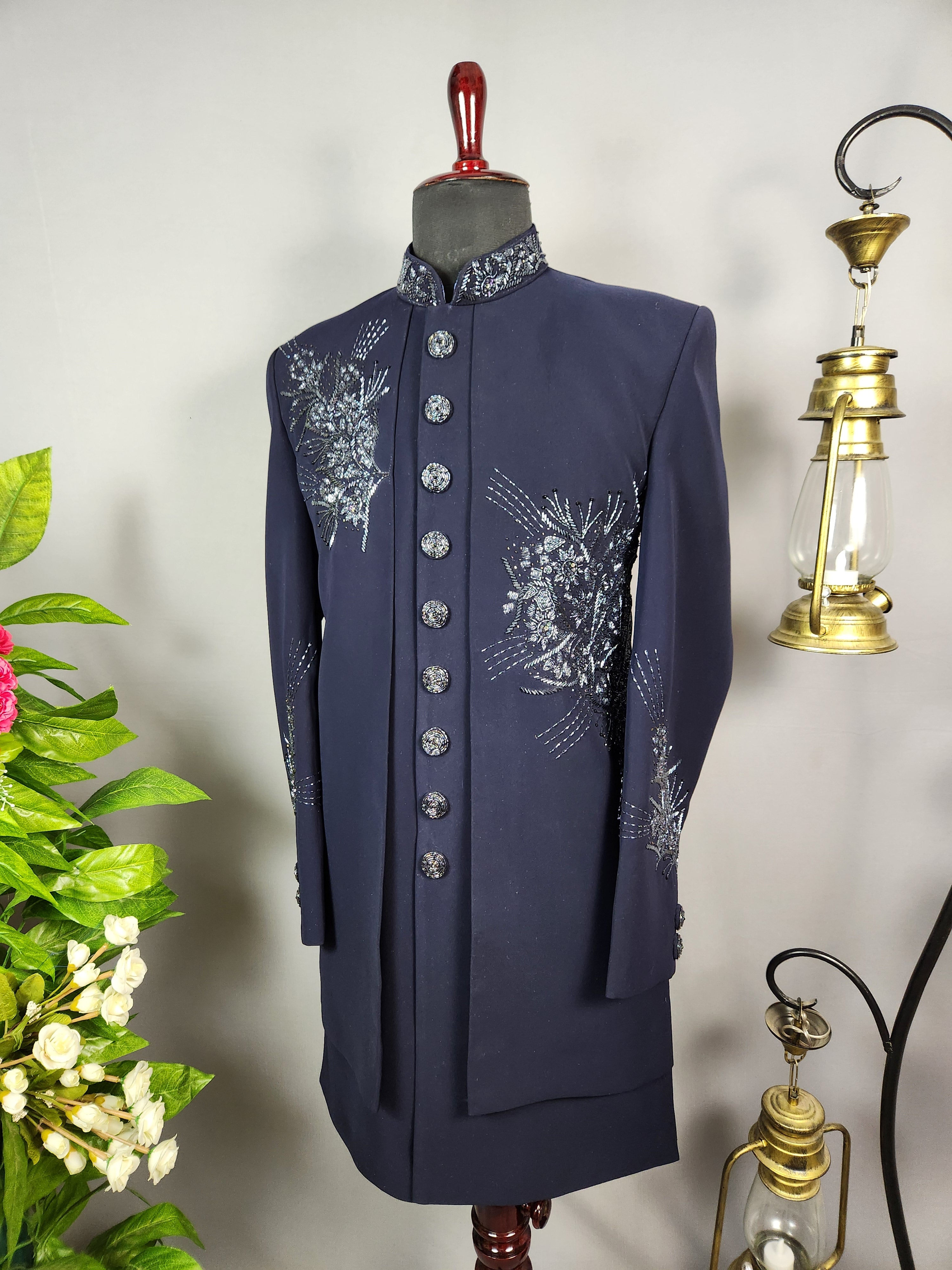 Blue Indo-Western Sherwani for Groom -  Indian Wedding Outfit for Men