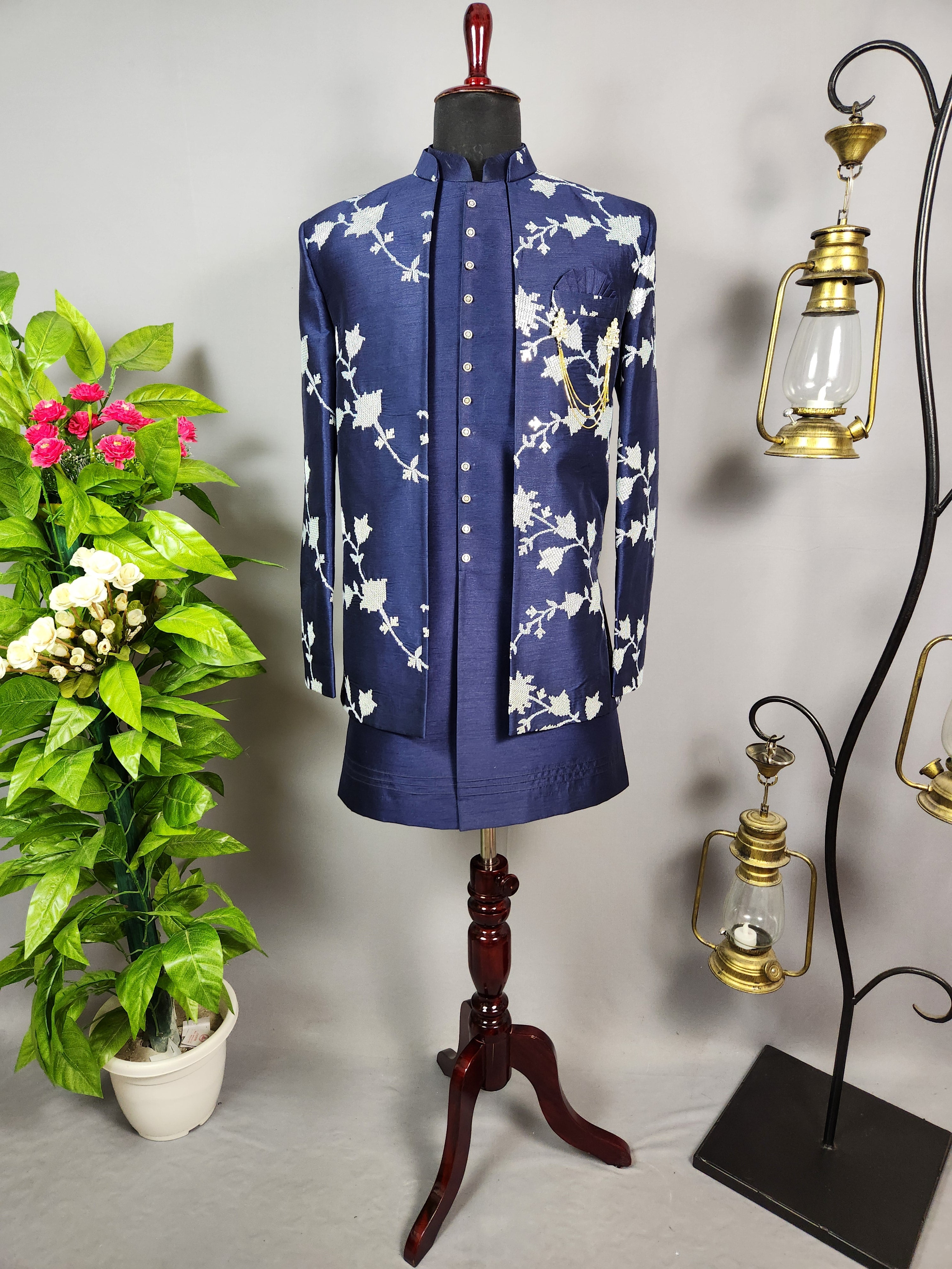 Blue Indo-Western Sherwani for Men | Indian Groom Wedding Outfit