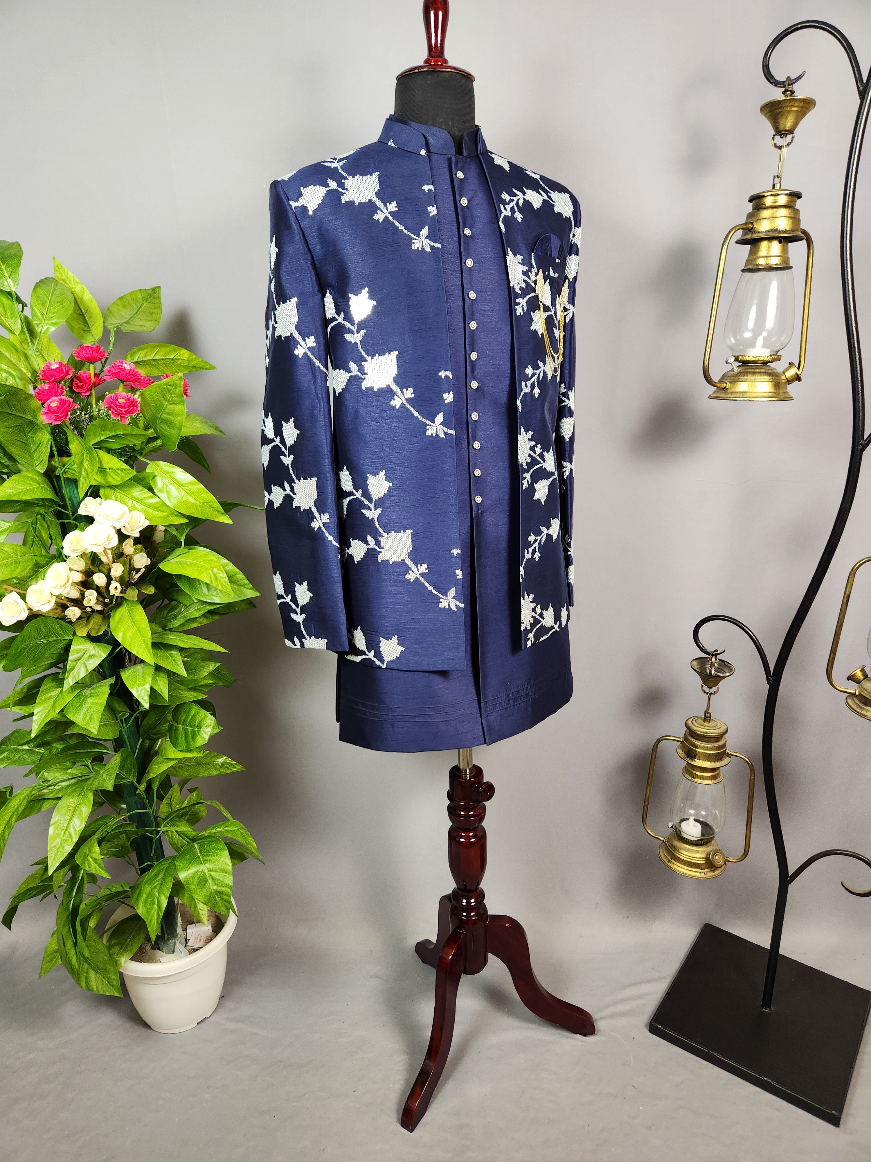 Blue Indo-Western Sherwani for Men | Indian Groom Wedding Outfit