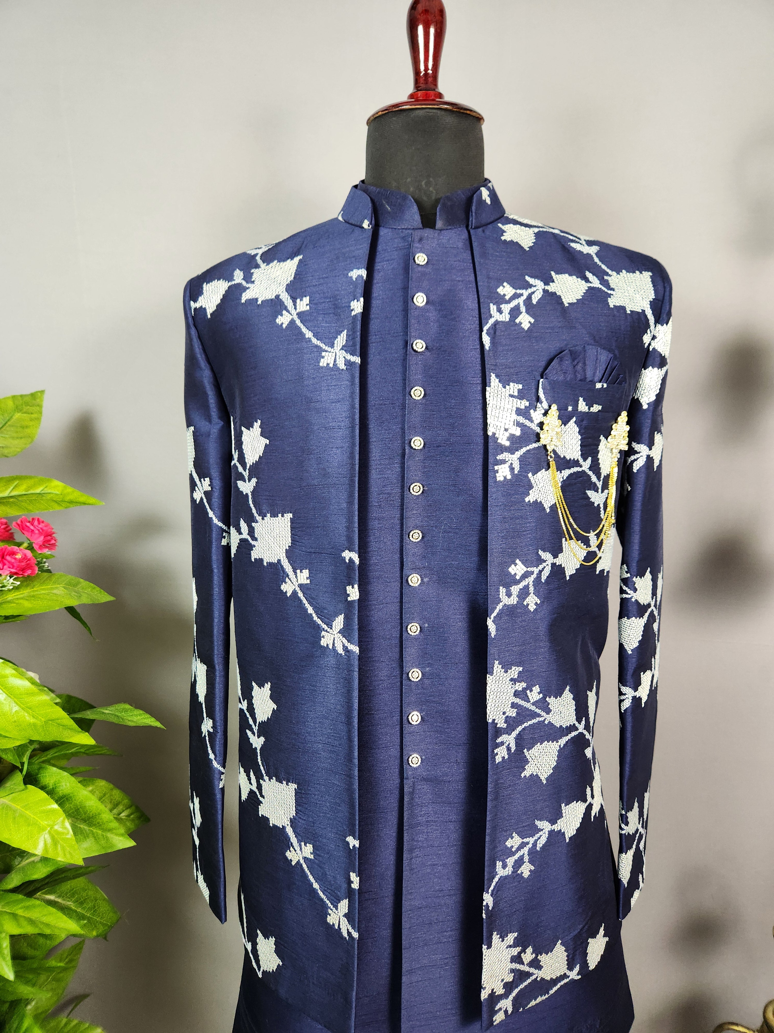 Blue Indo-Western Sherwani for Men | Indian Groom Wedding Outfit