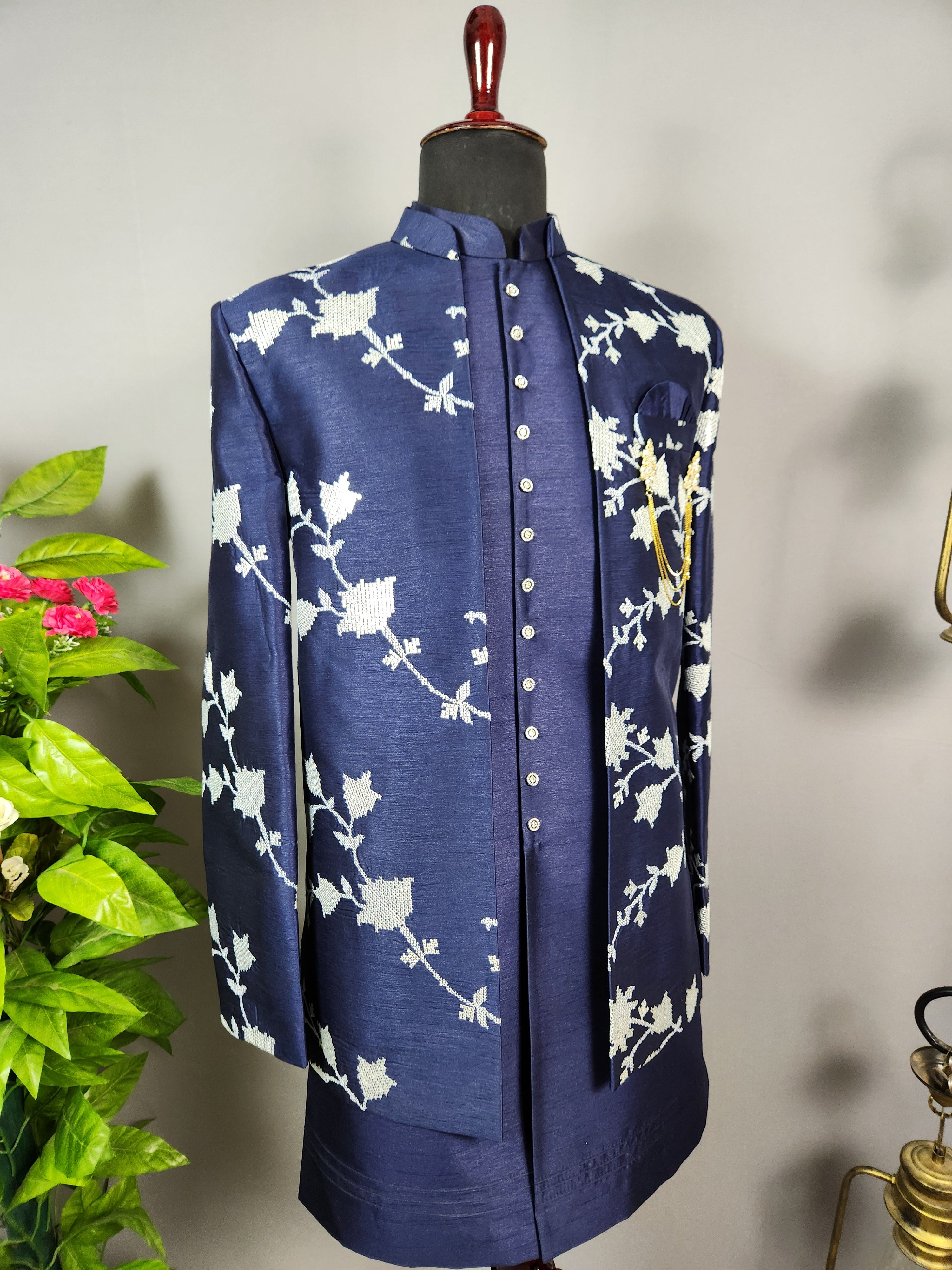 Blue Indo-Western Sherwani for Men | Indian Groom Wedding Outfit