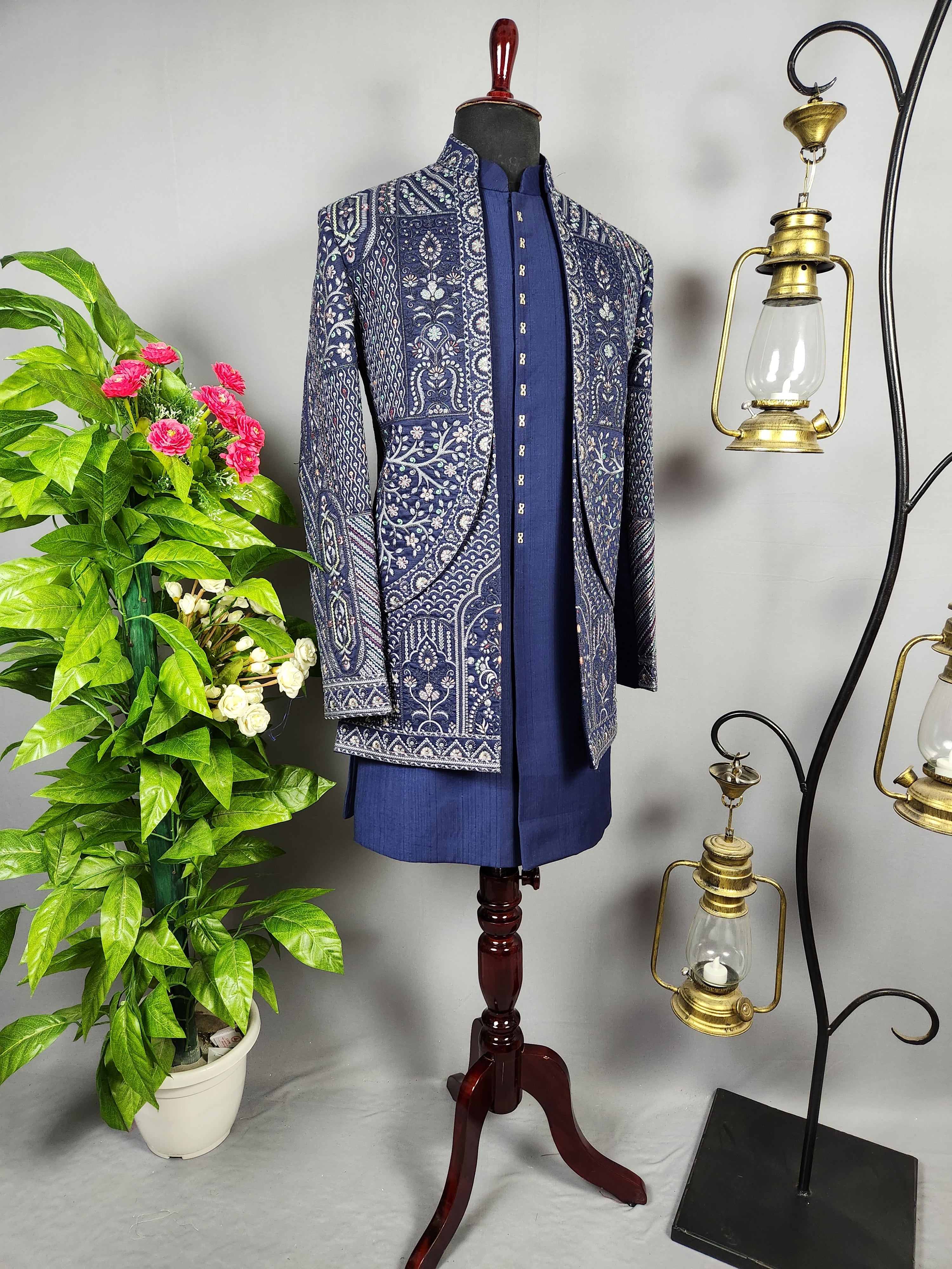 Blue Indo-Western Sherwani for Groom -  Indian Wedding Outfit for Men