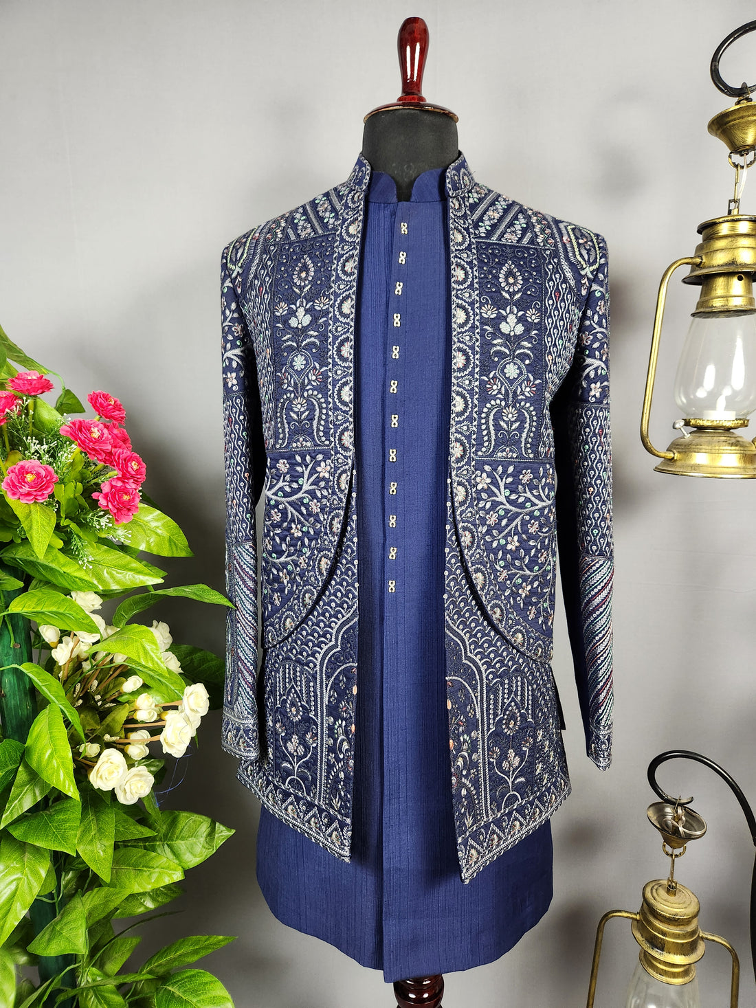 Blue Indo-Western Sherwani for Groom -  Indian Wedding Outfit for Men
