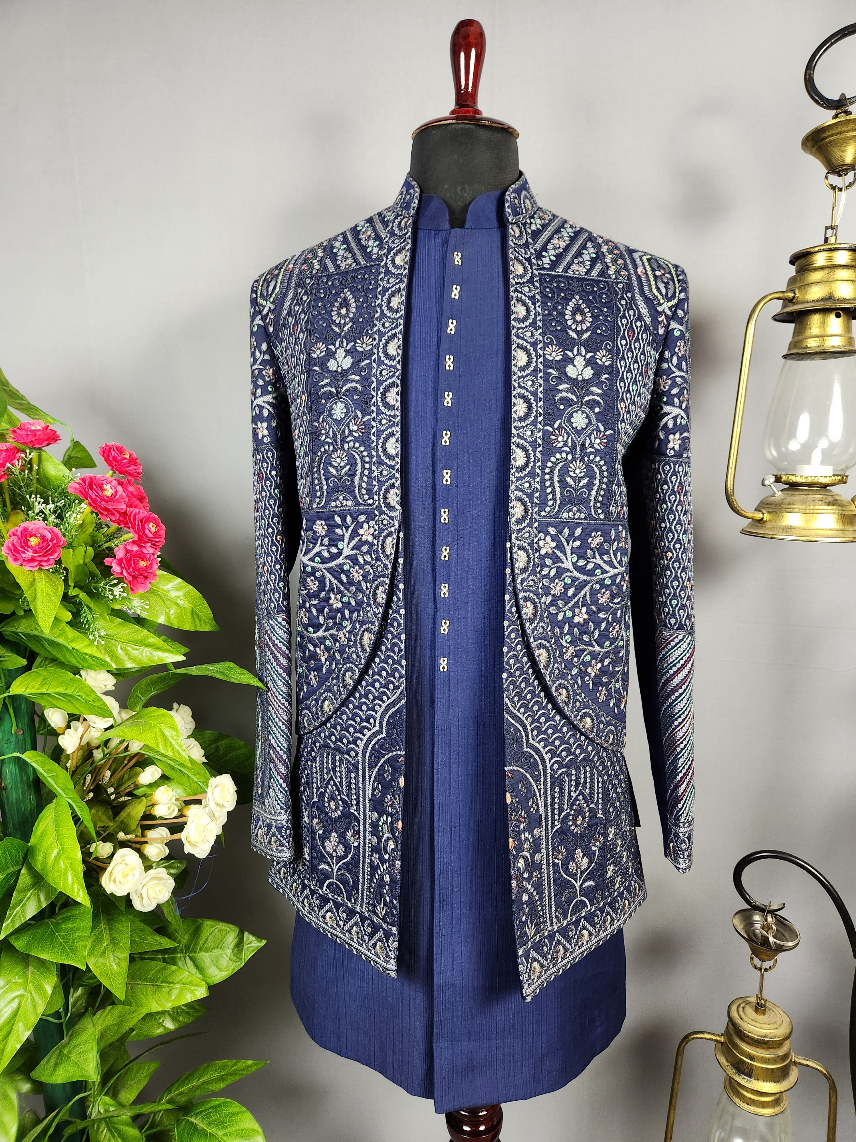 Blue Indo-Western Sherwani for Groom -  Indian Wedding Outfit for Men