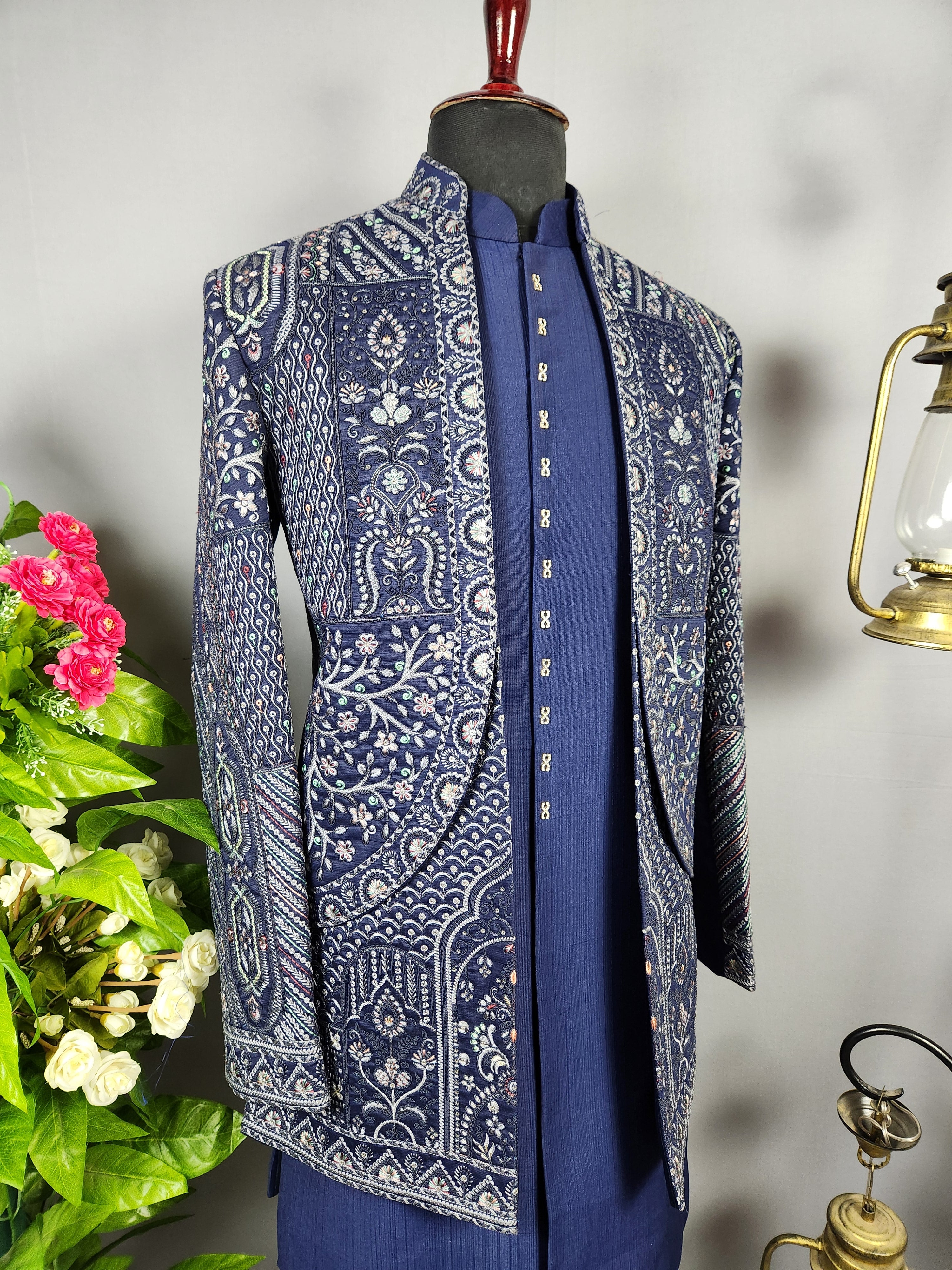 Blue Indo-Western Sherwani for Groom -  Indian Wedding Outfit for Men