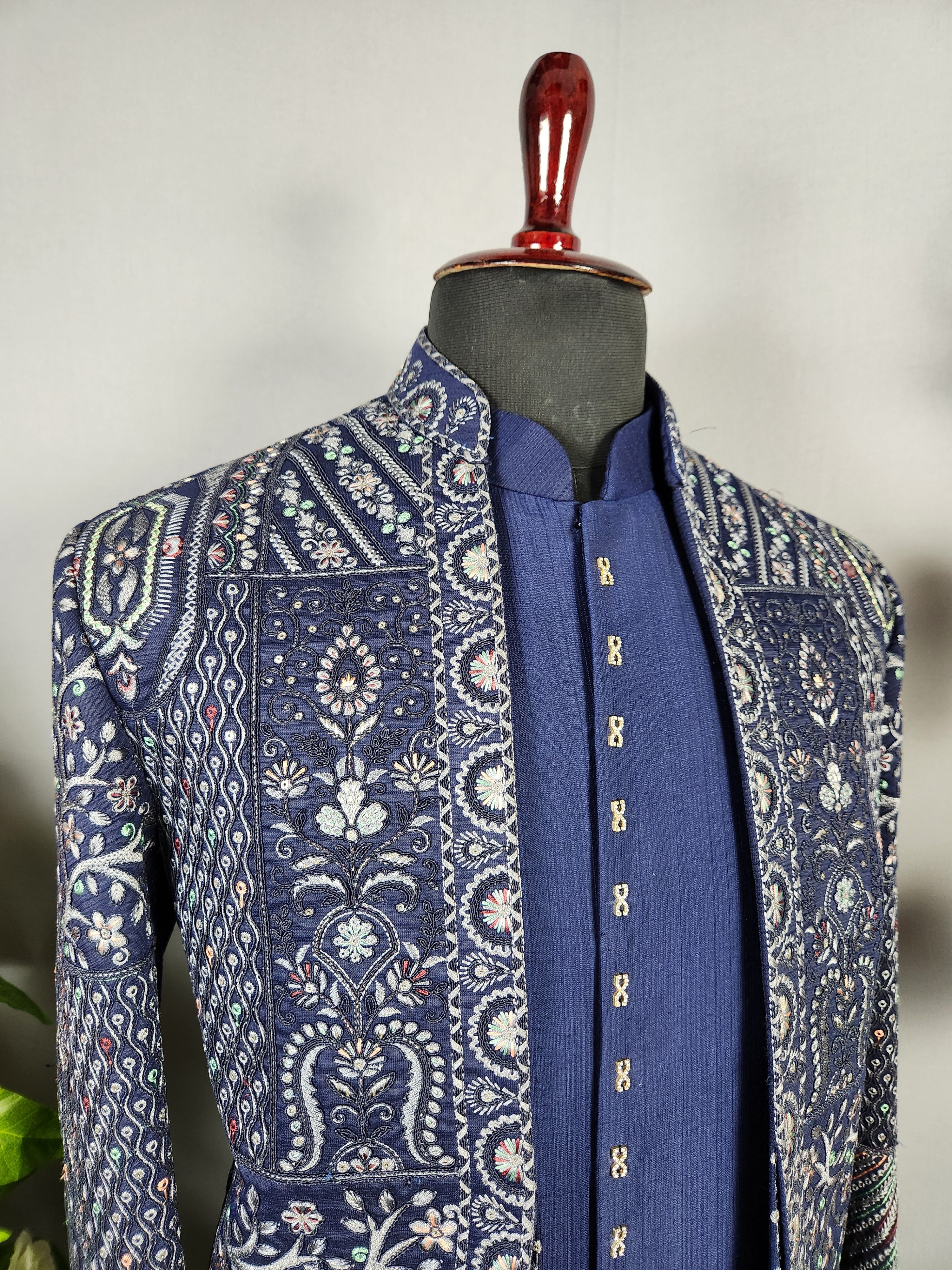 Blue Indo-Western Sherwani for Groom -  Indian Wedding Outfit for Men
