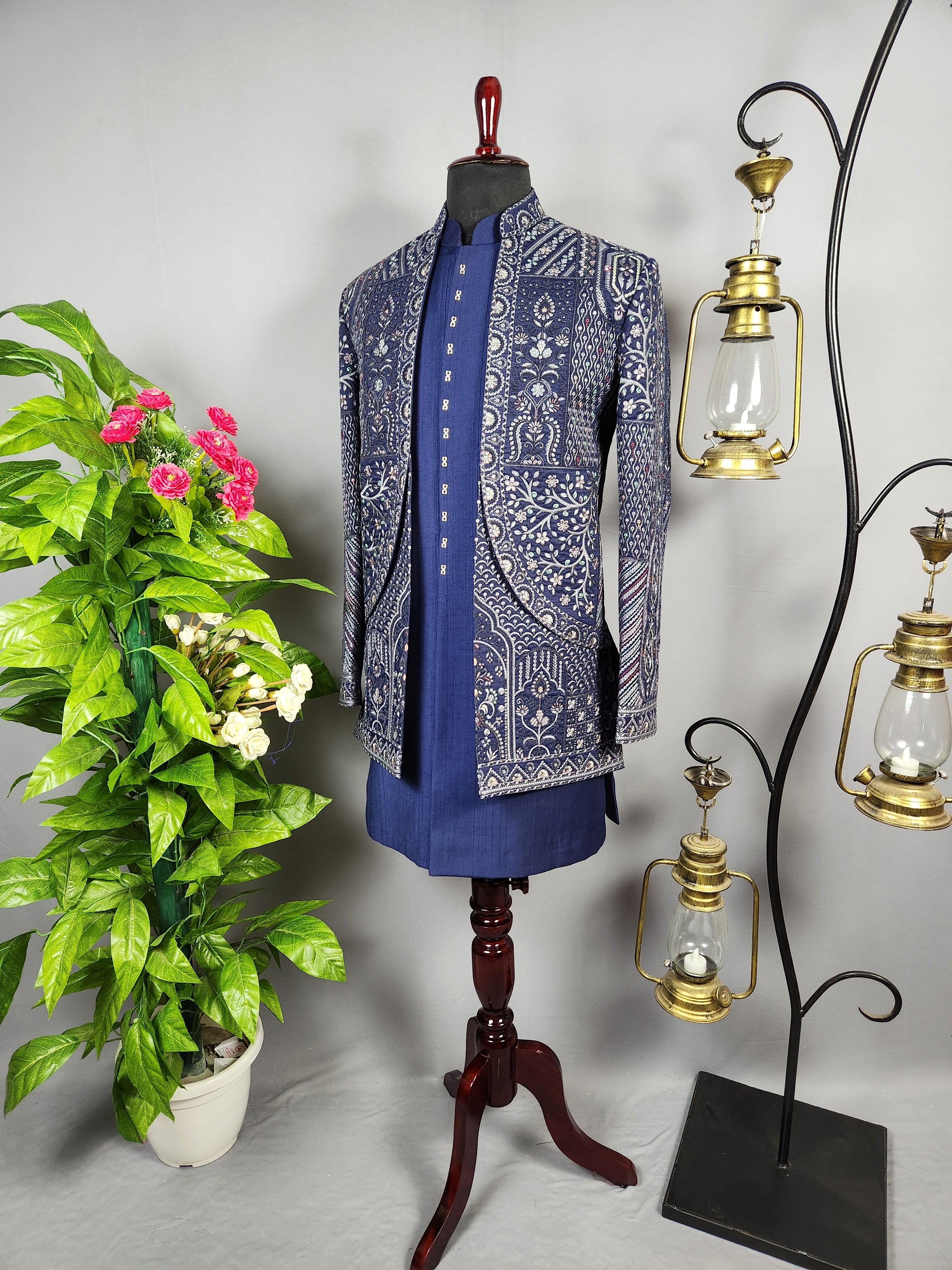 Blue Indo-Western Sherwani for Groom -  Indian Wedding Outfit for Men