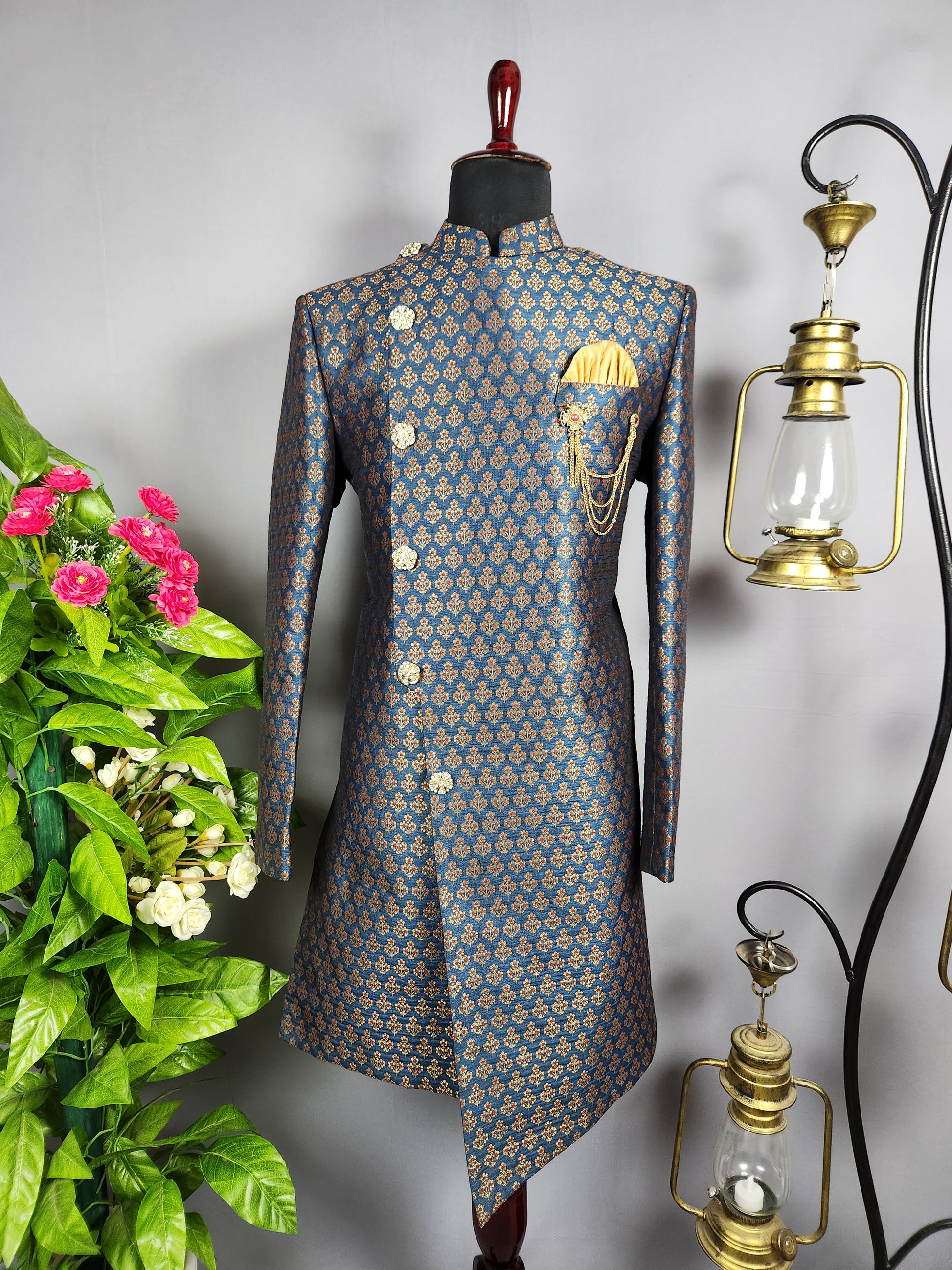 Blue Indo-Western Sherwani for Groom -  Indian Wedding Outfit for Men