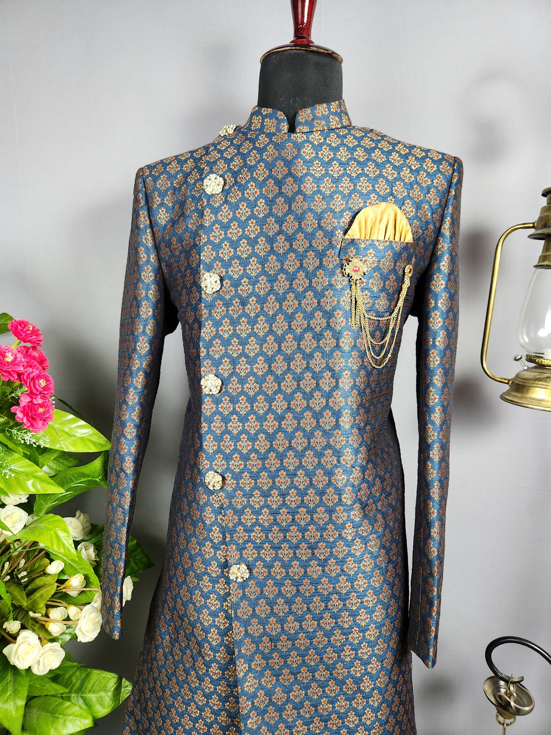 Blue Indo-Western Sherwani for Groom -  Indian Wedding Outfit for Men