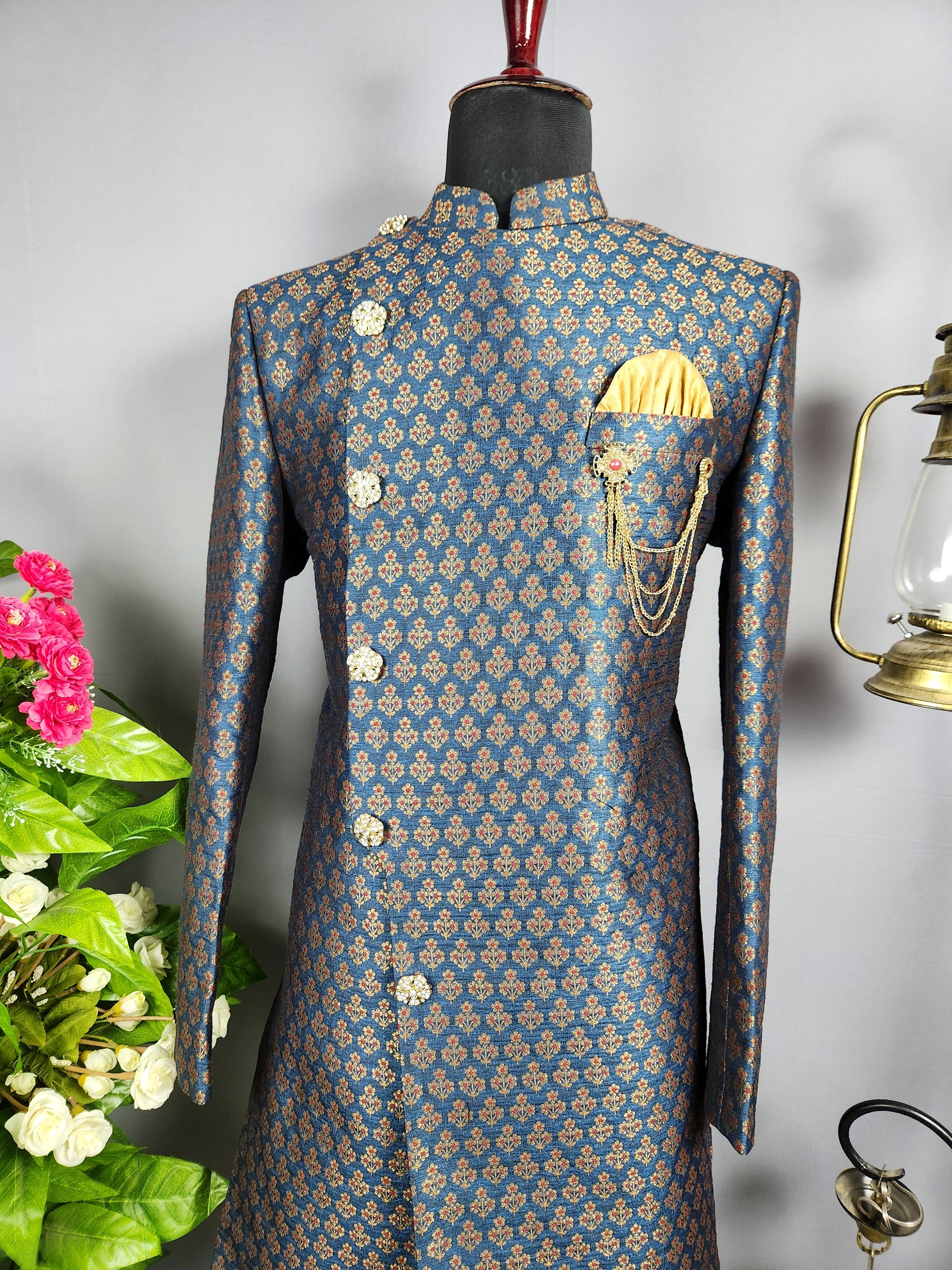 Blue Indo-Western Sherwani for Groom -  Indian Wedding Outfit for Men