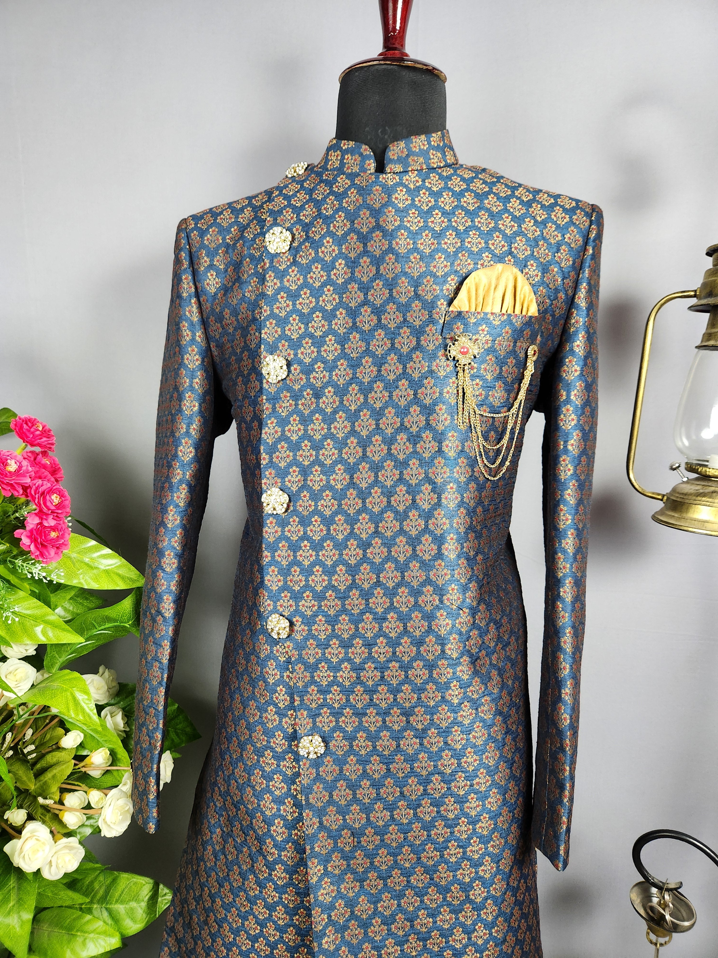 Blue Indo-Western Sherwani for Groom -  Indian Wedding Outfit for Men