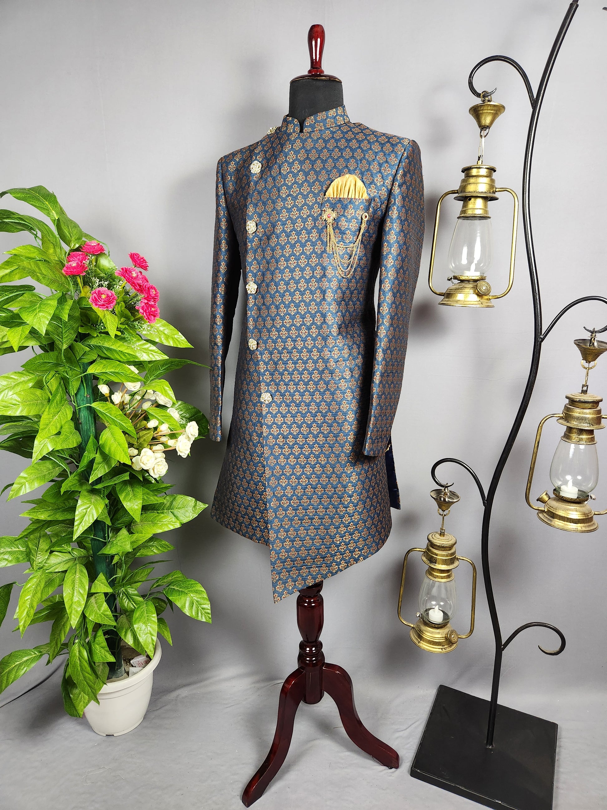 Blue Indo-Western Sherwani for Groom -  Indian Wedding Outfit for Men