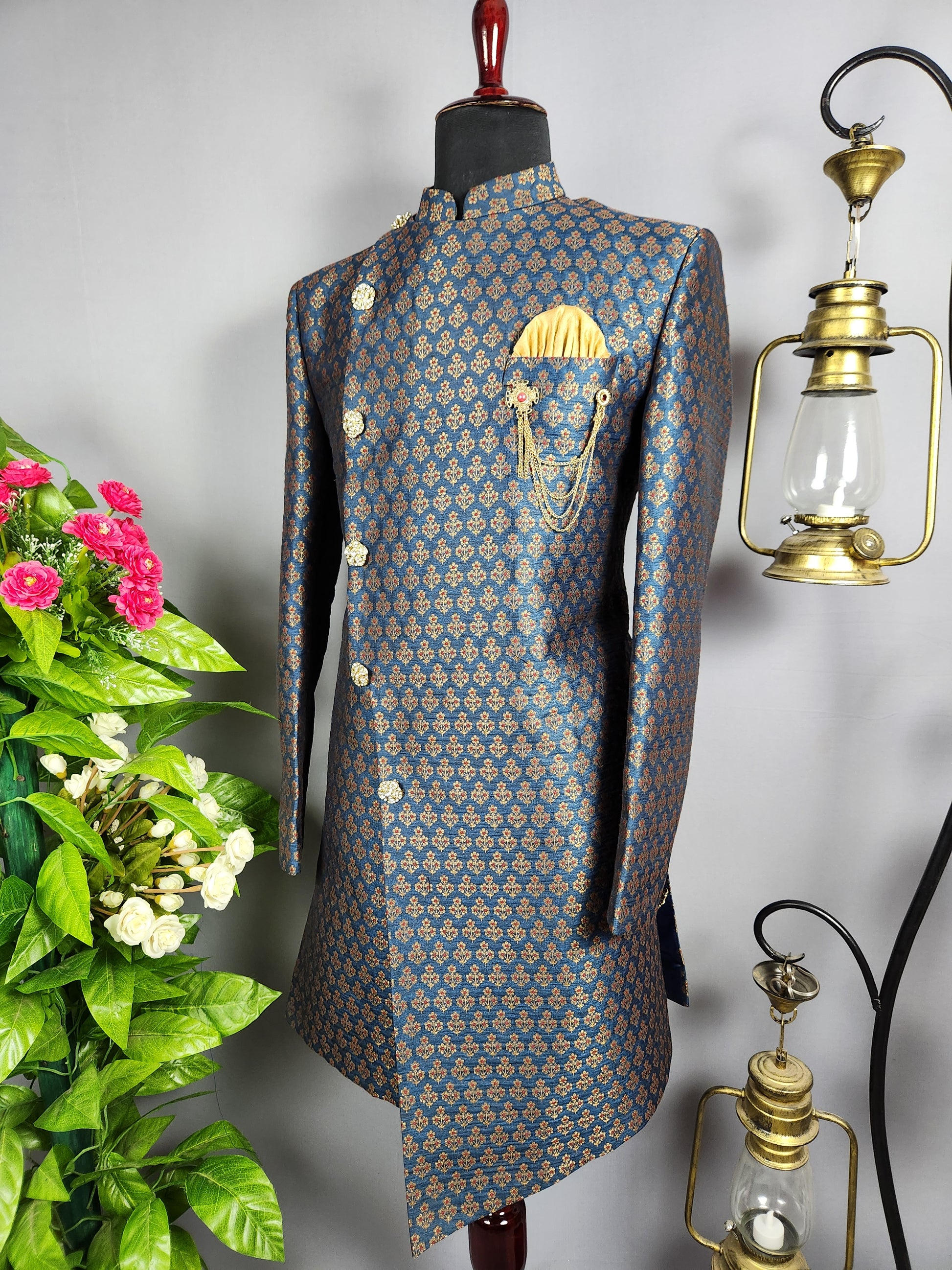 Blue Indo-Western Sherwani for Groom -  Indian Wedding Outfit for Men