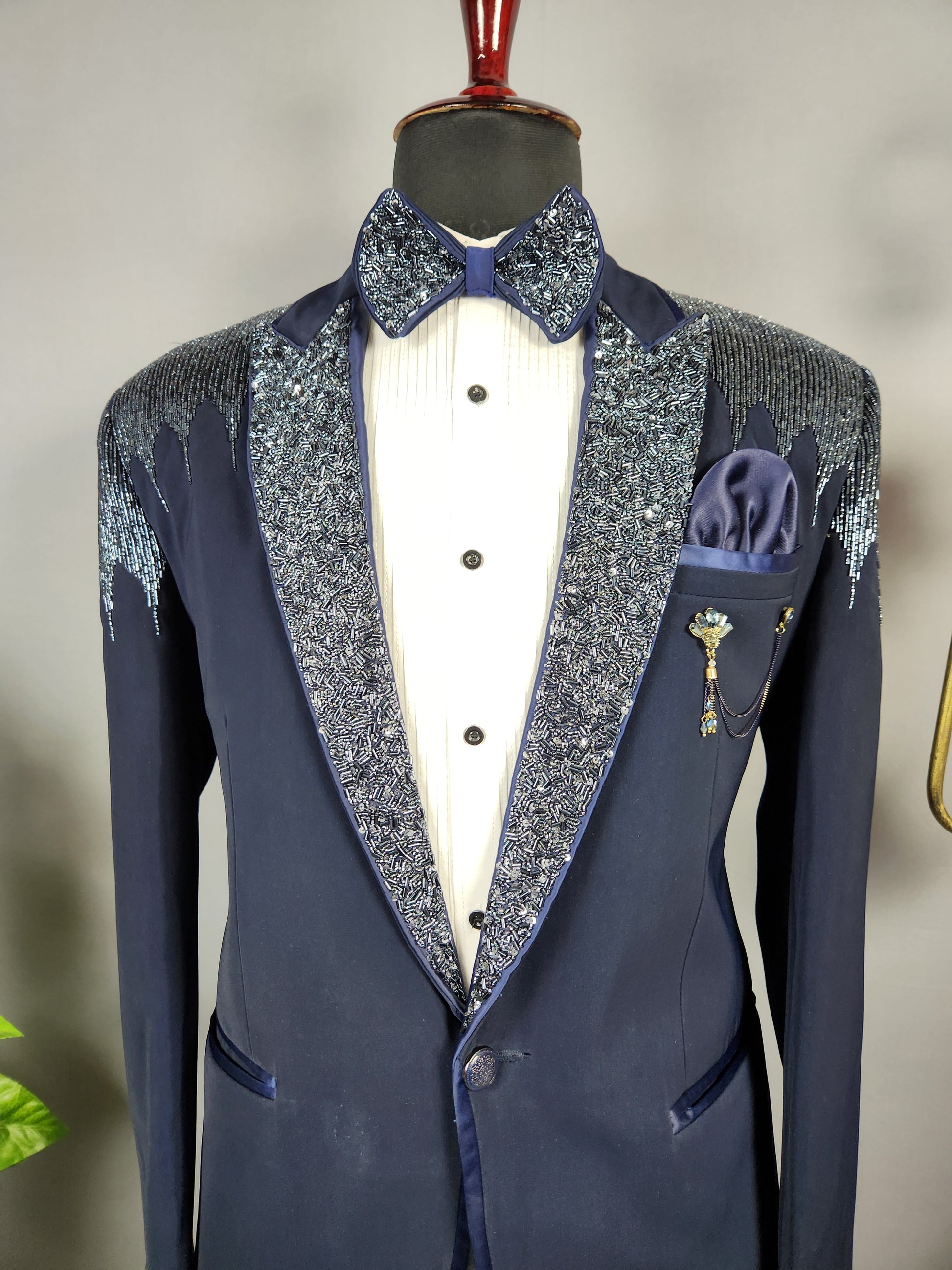 Men's blue tuxedo suit for Indian groom, perfect for wedding and reception wear