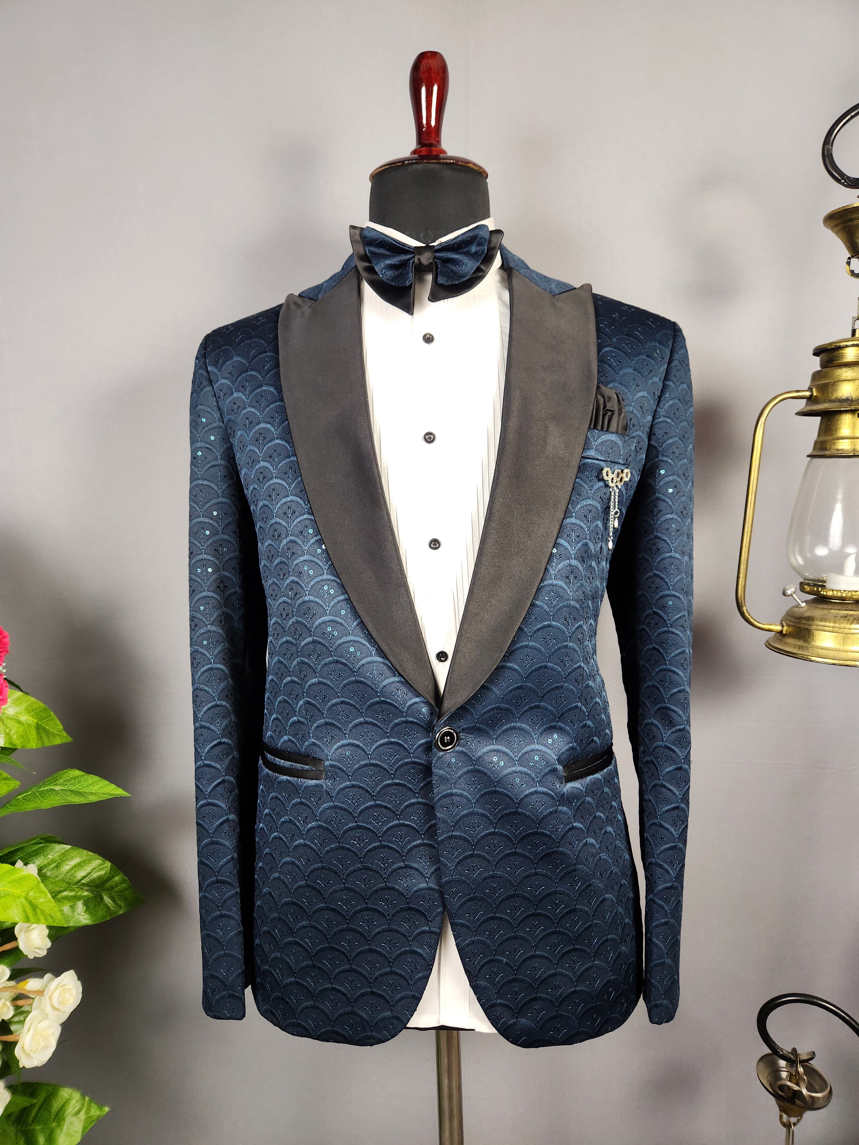 Men's blue tuxedo suit for Indian groom, perfect for wedding and reception wear