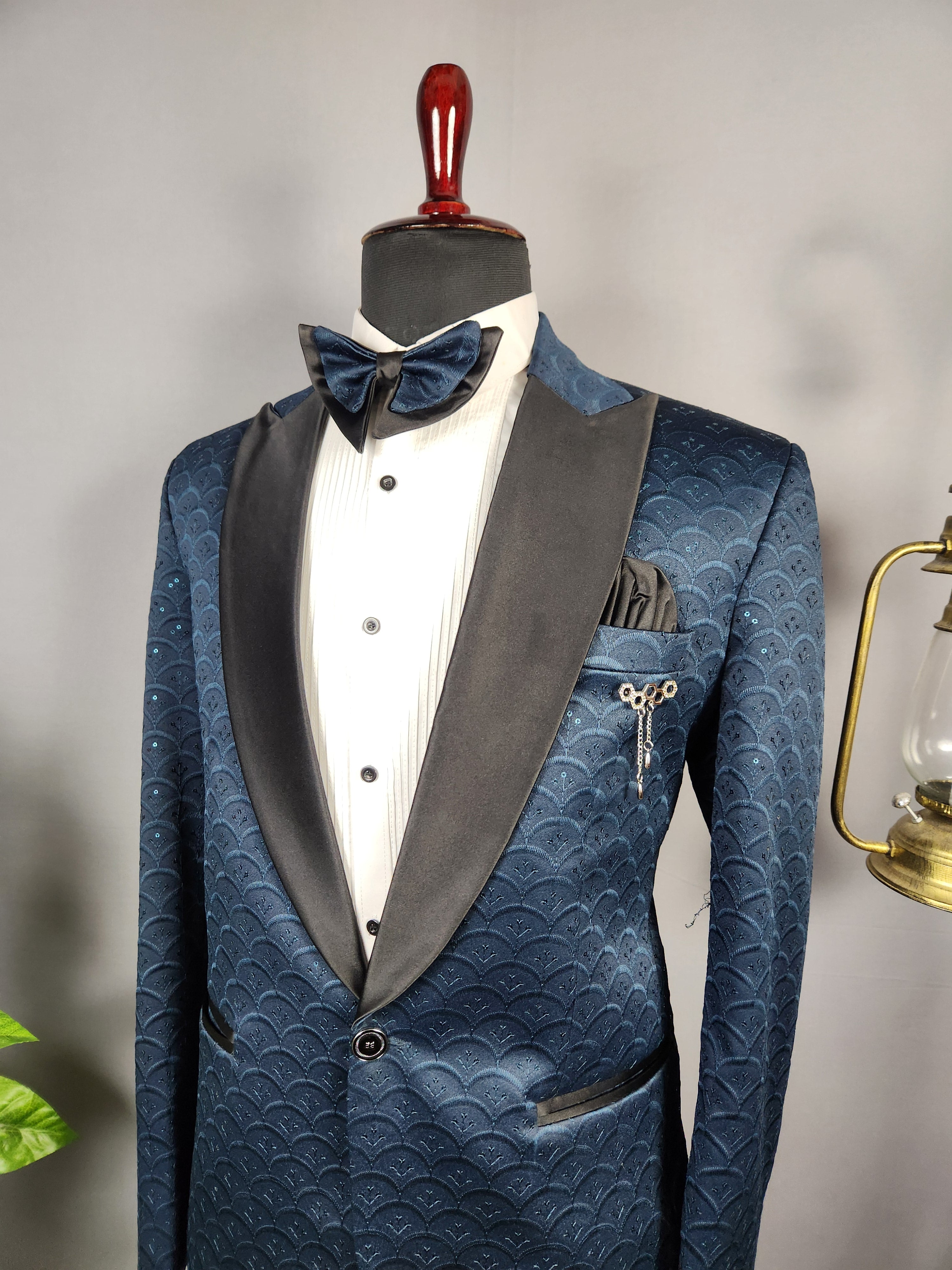 Men's blue tuxedo suit for Indian groom, perfect for wedding and reception wear