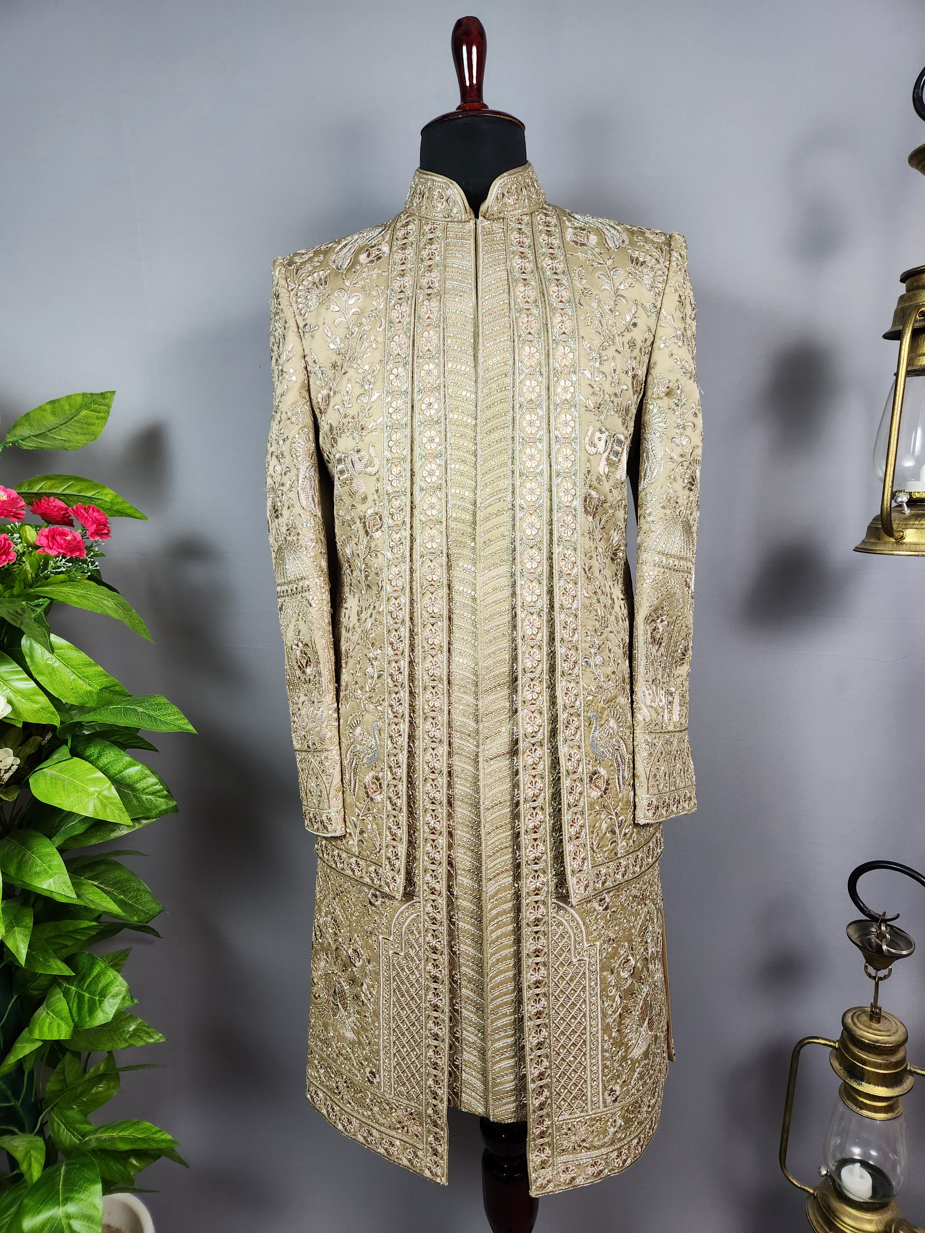 Copper Golden Groom Sherwani - Zari Embroidery| Sherwani For Men